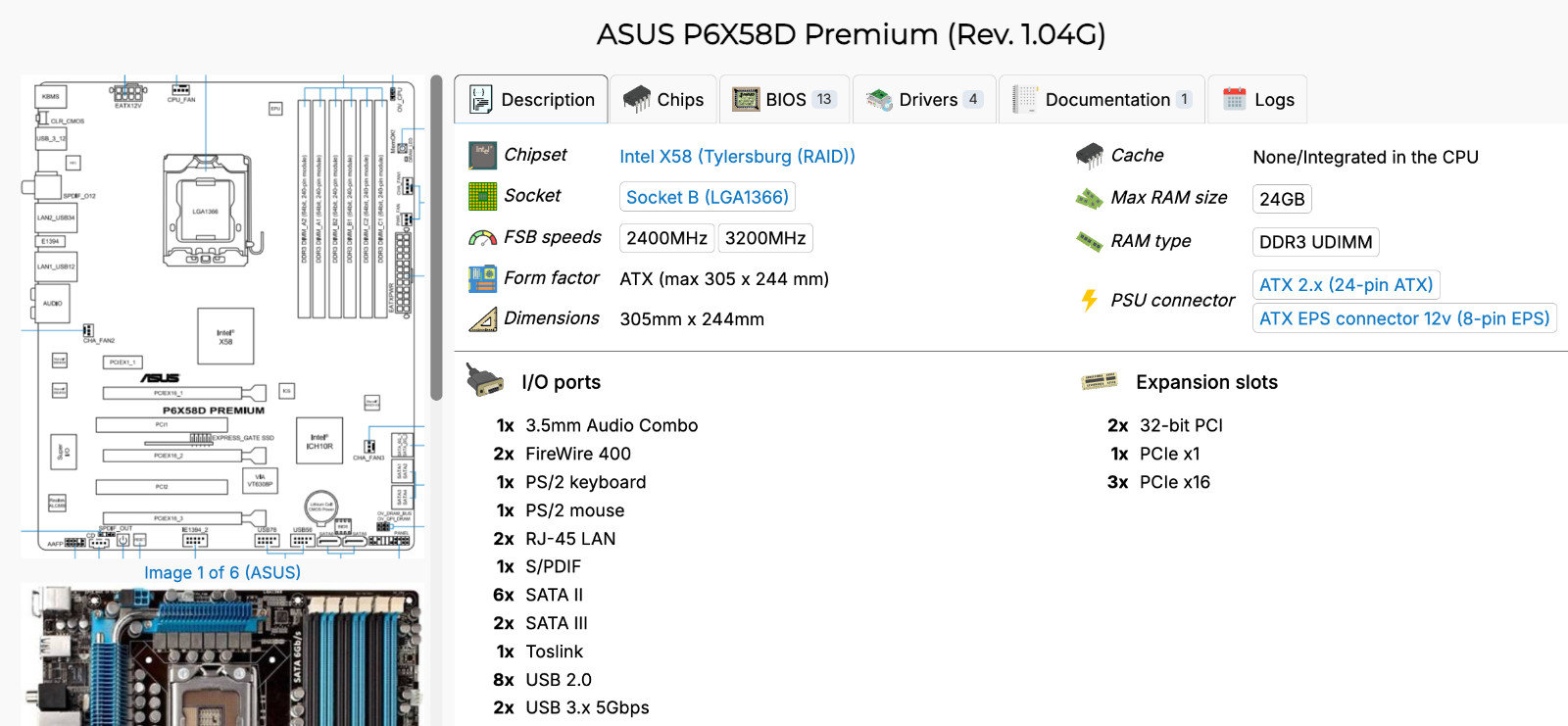 ASUS P6X58D Premium ATX LGA1366 Intel i7 CPU 950 @ 3.07GHz 16Gb DDR3 UDIMM RAM