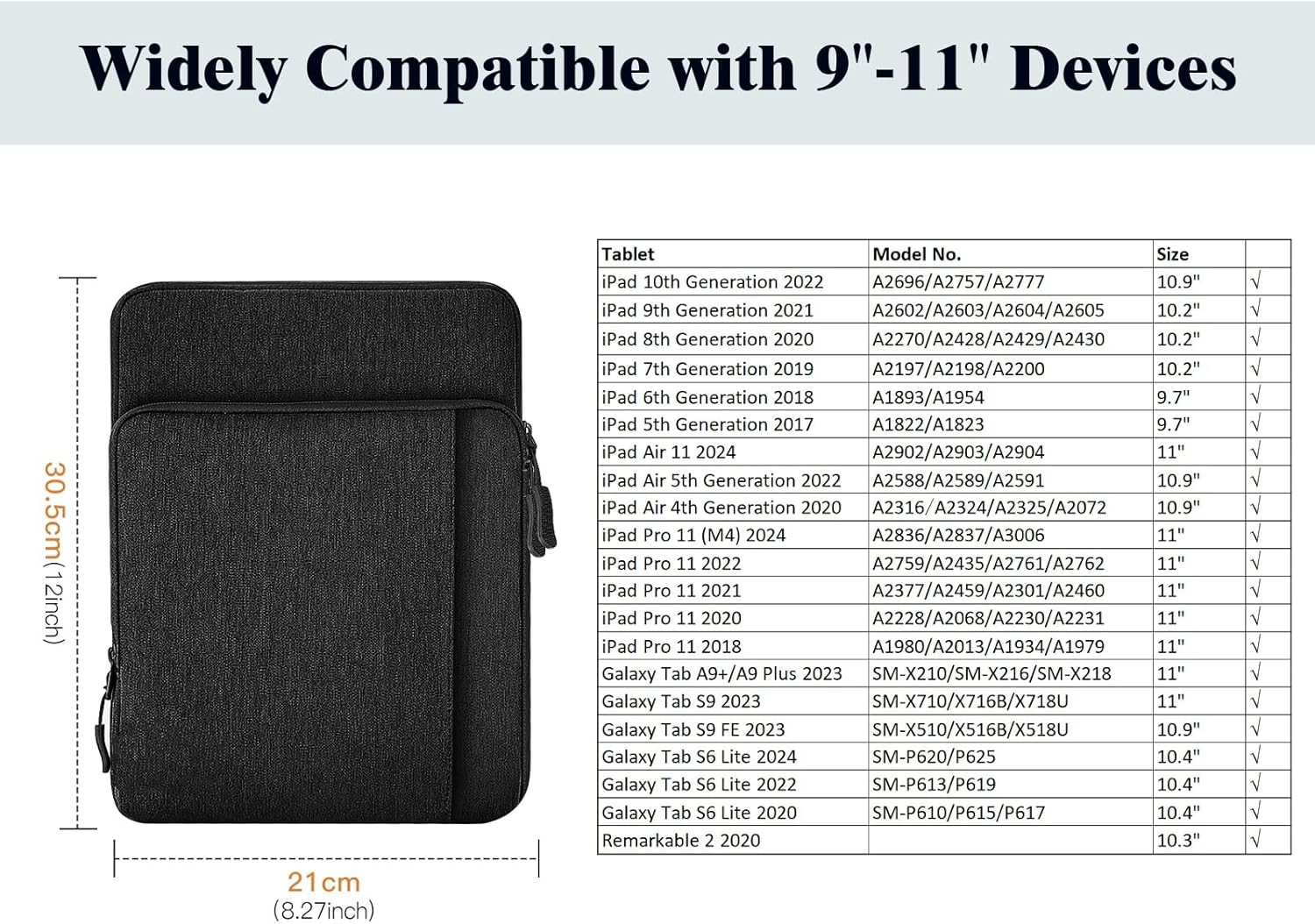 TiMOVO 9-11 Inch Tablet Sleeve Bag for iPad 11-inch A16 Inch, Black