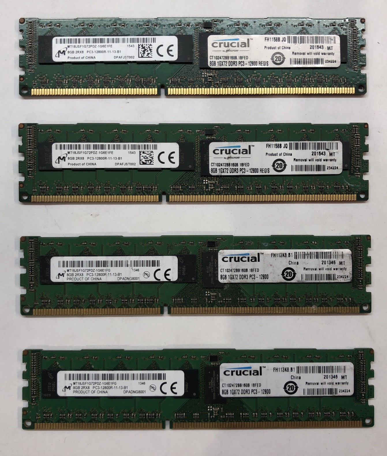 Lot of 4 (32 GB) Micron Crucial CT102472BB160B.18FED | 8GB 2Rx8 PC3-12800R RDIMM