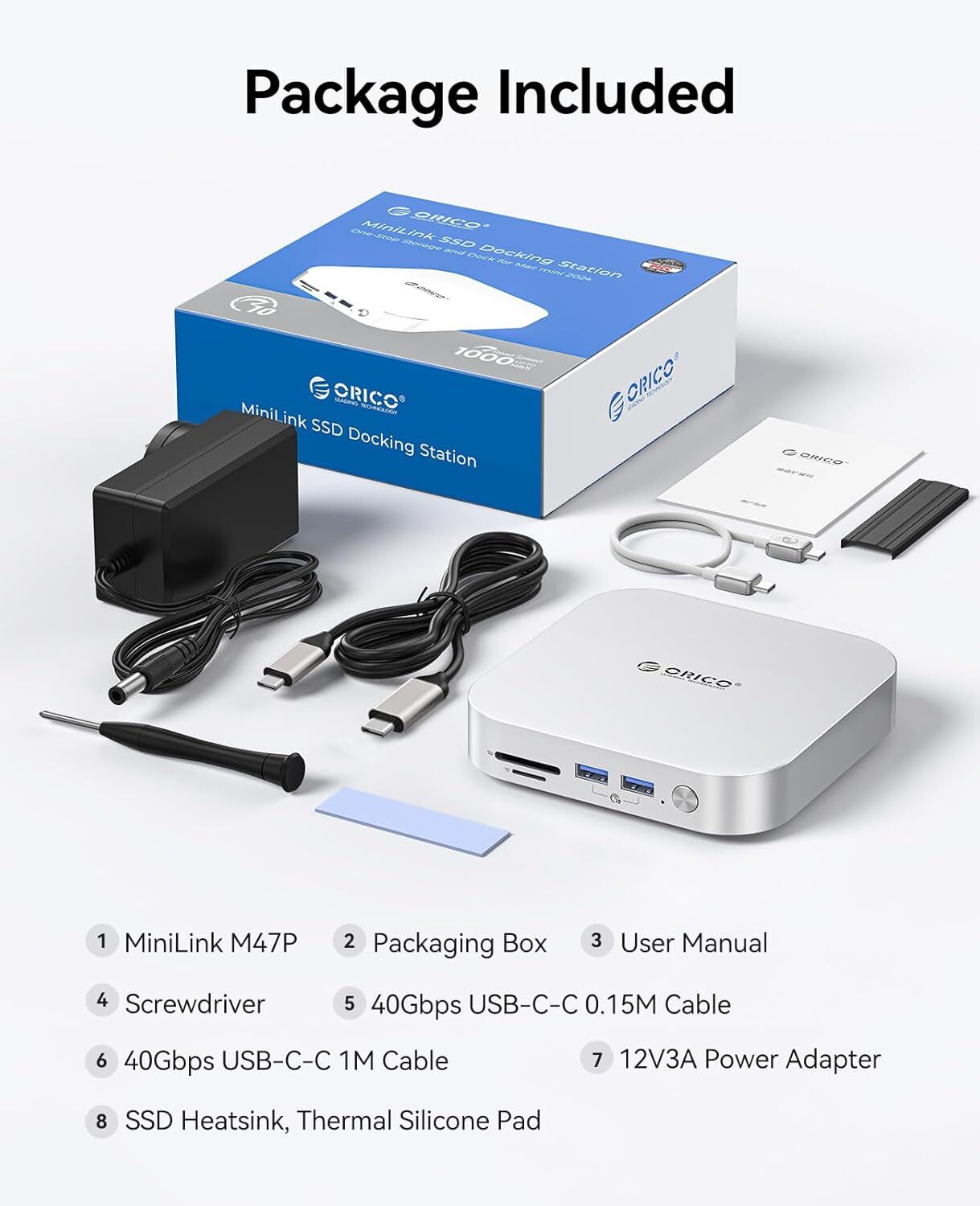 ORICO MiniLink 40Gbps USB Hub Compatibility Mac Mini M4 7-in-1 Aluminum Dock