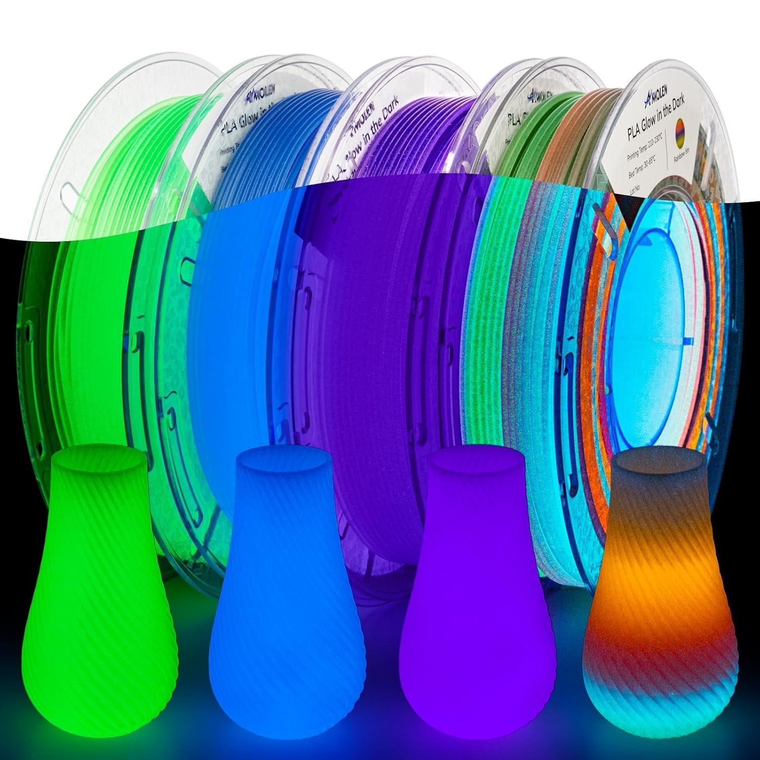 1.75mm Glow PLA Filament 800g Bundle – Multicolor 5m for Stunning Night Designs