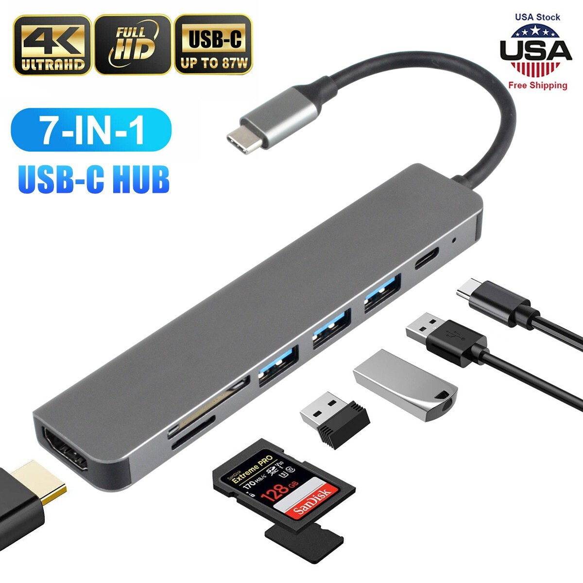 7-in-1 USB-C Hub Type C To USB 3.0 4K HDMI Multiport Adapter For Macbook Pro/Air