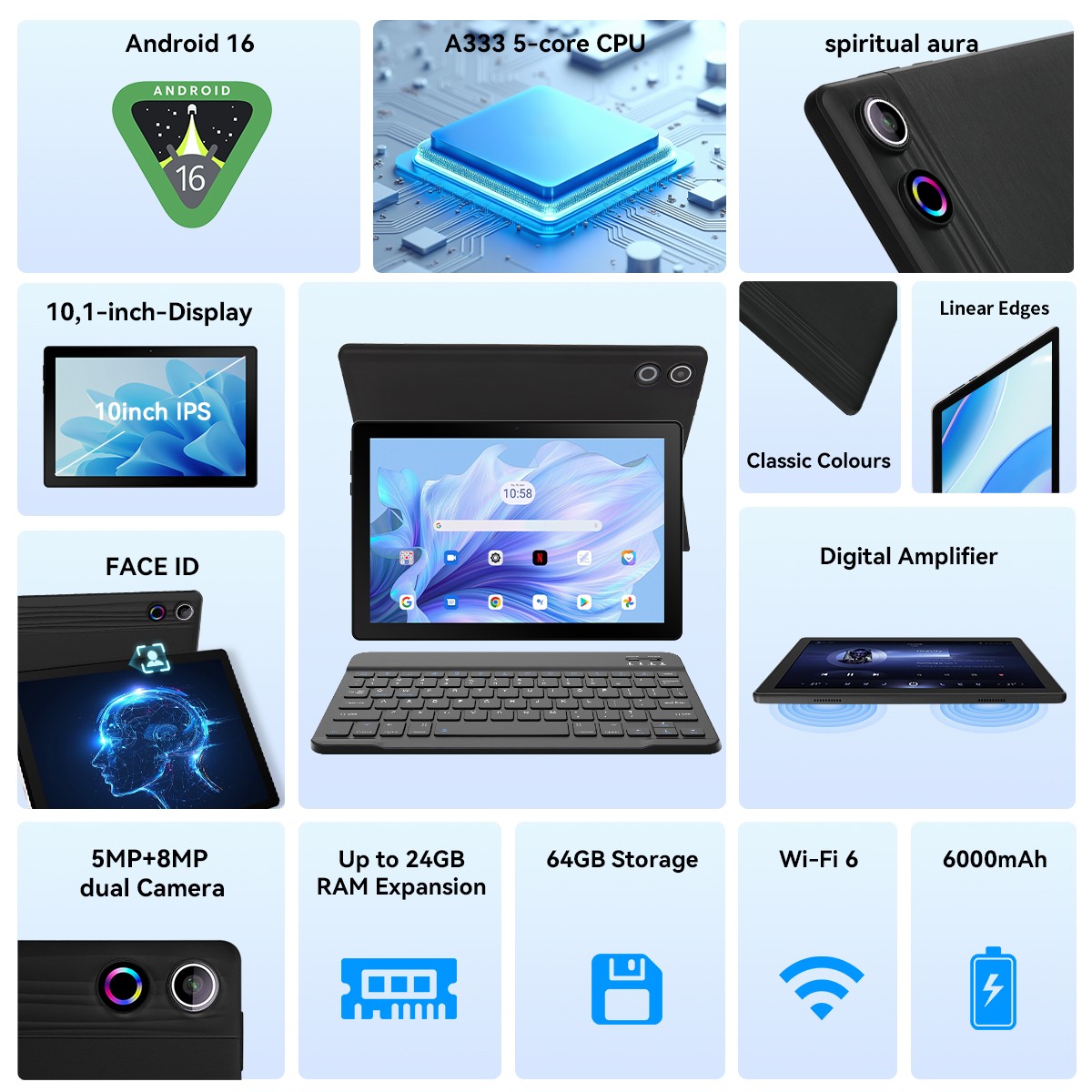2026 Newest Android 16 Tablet 64GB With KB Set Face ID 10.1″ IPS Wifi 6 PC Mode