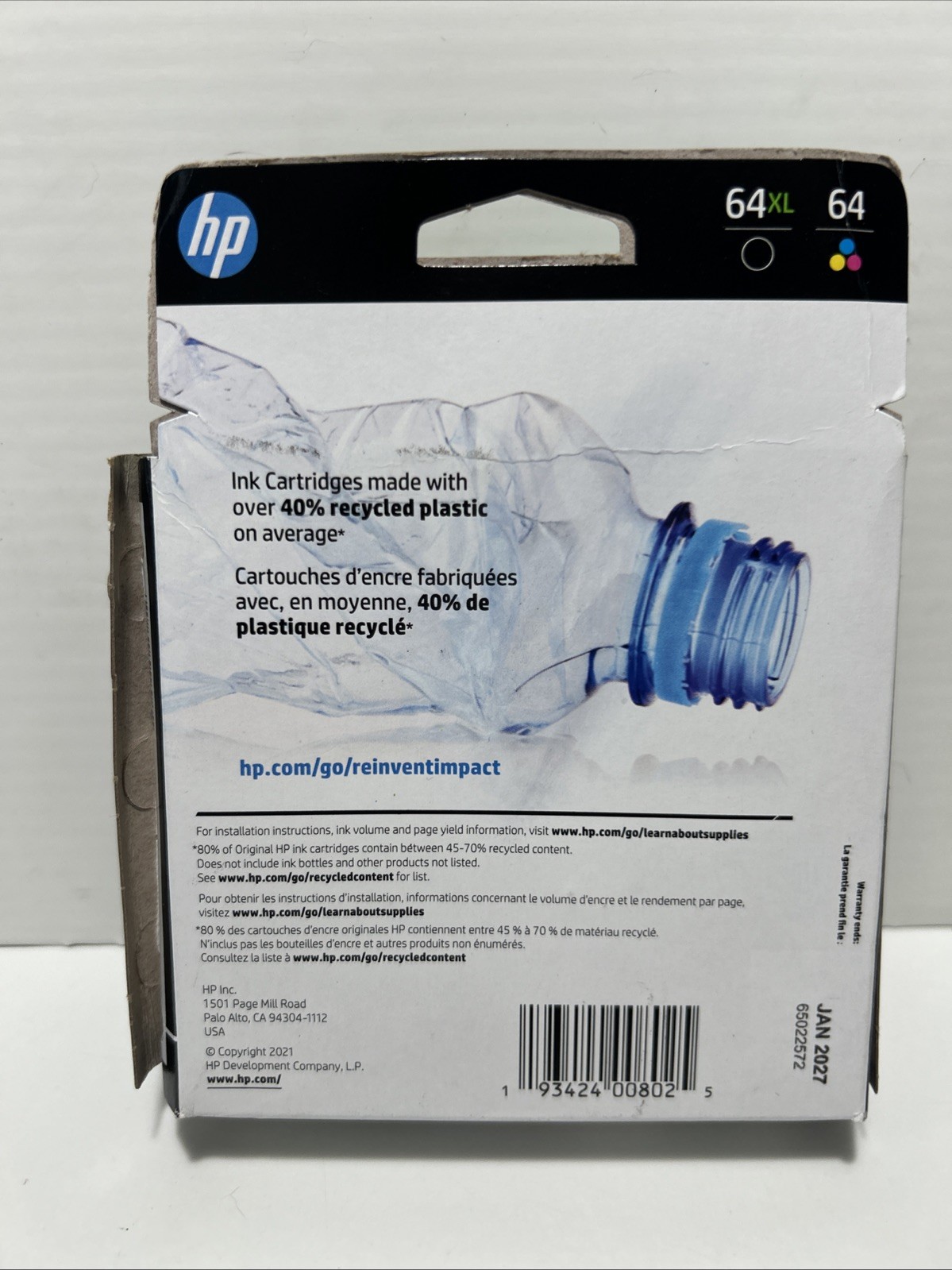 HP 64XL Black & 64 Tri-color Ink Cartridge 2-Pack 3YP23AN Exp 01/2027 – Sealed