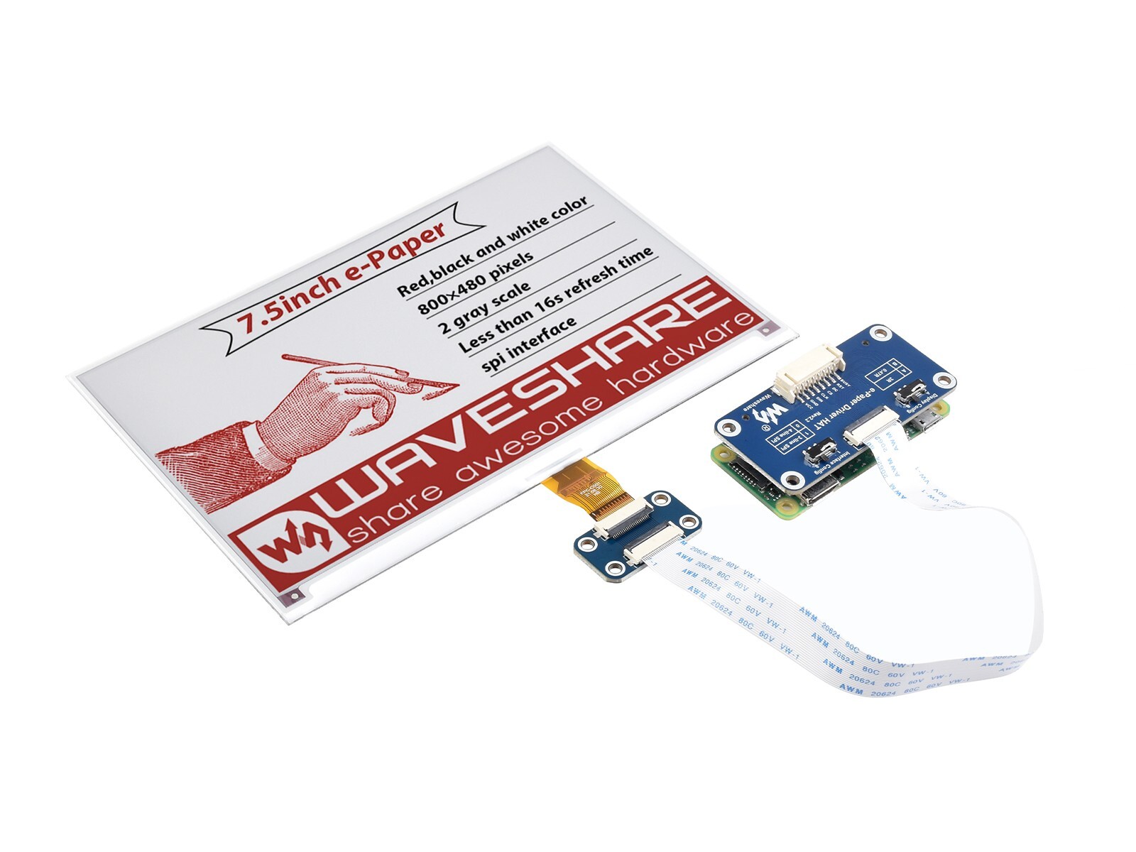 Waveshare 7.5″ E-Paper E-Ink Display HAT (B) For Raspberry Pi 800×480 SPI