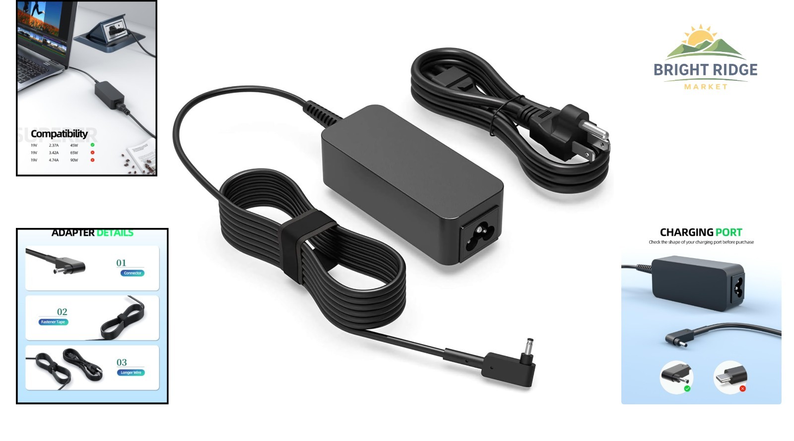 AC Charger for 45W Laptops, 19V Output with Overcharge Protection Feature