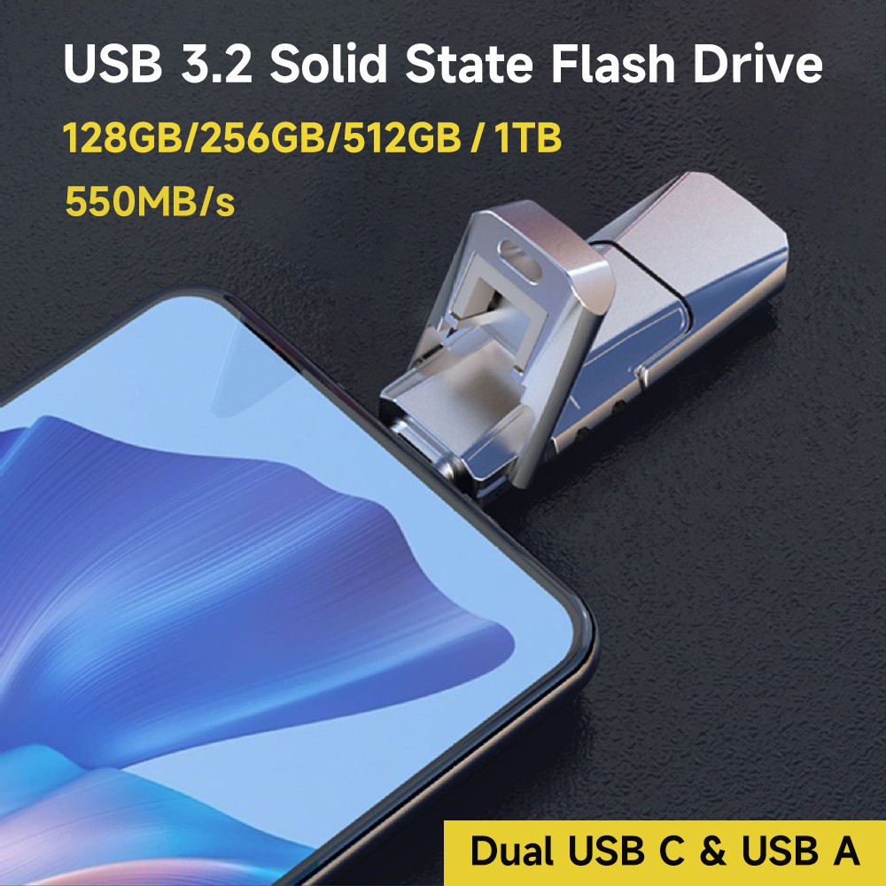 Solid State USB Flash Drive 550MB/s USB C & USB A 3.2 Dual Drive SSD Thumb Drive