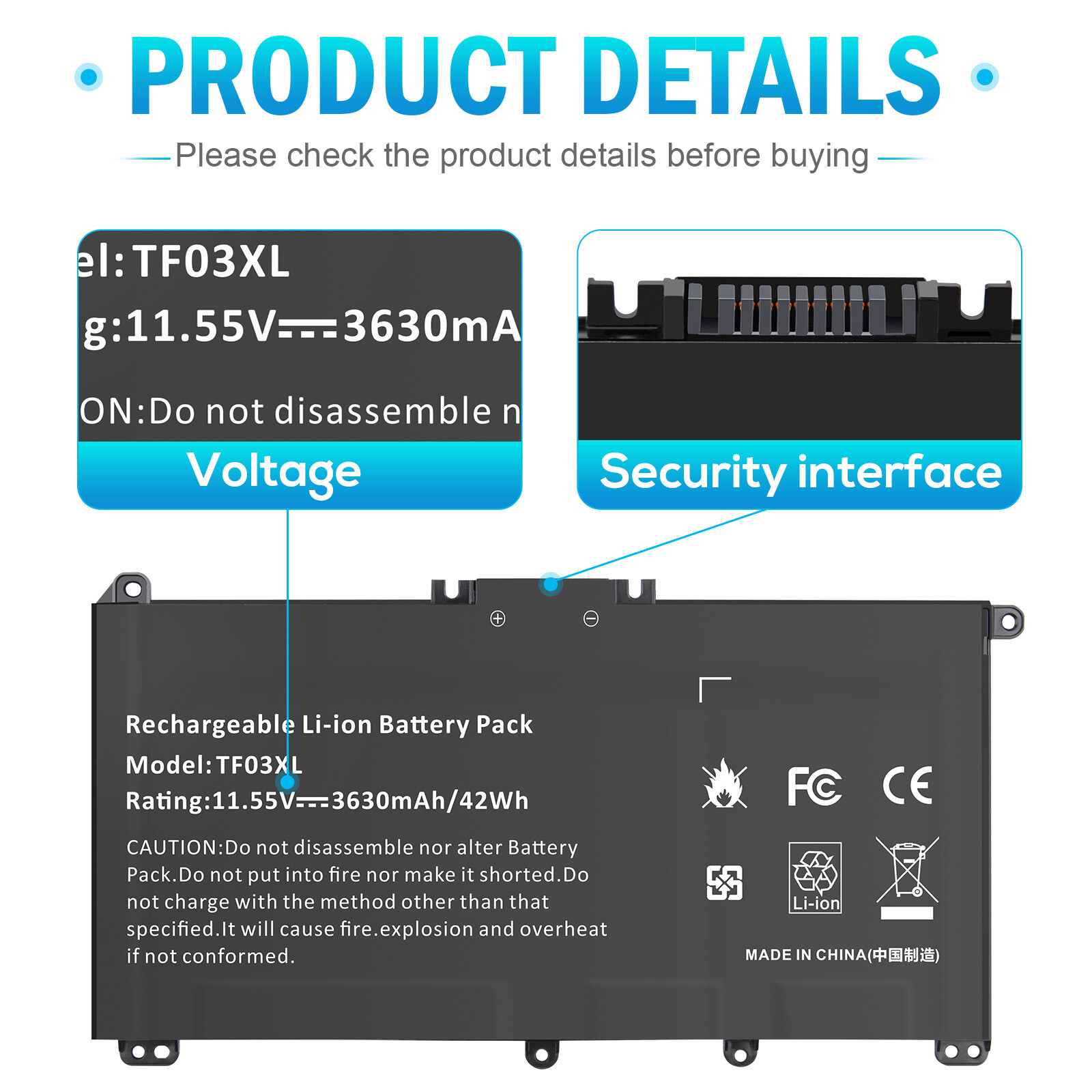 TF03XL Battery for HP Pavilion 11.55V 41.9WH 3630mAh 14-BF 14-BK 14-CD 15-CC