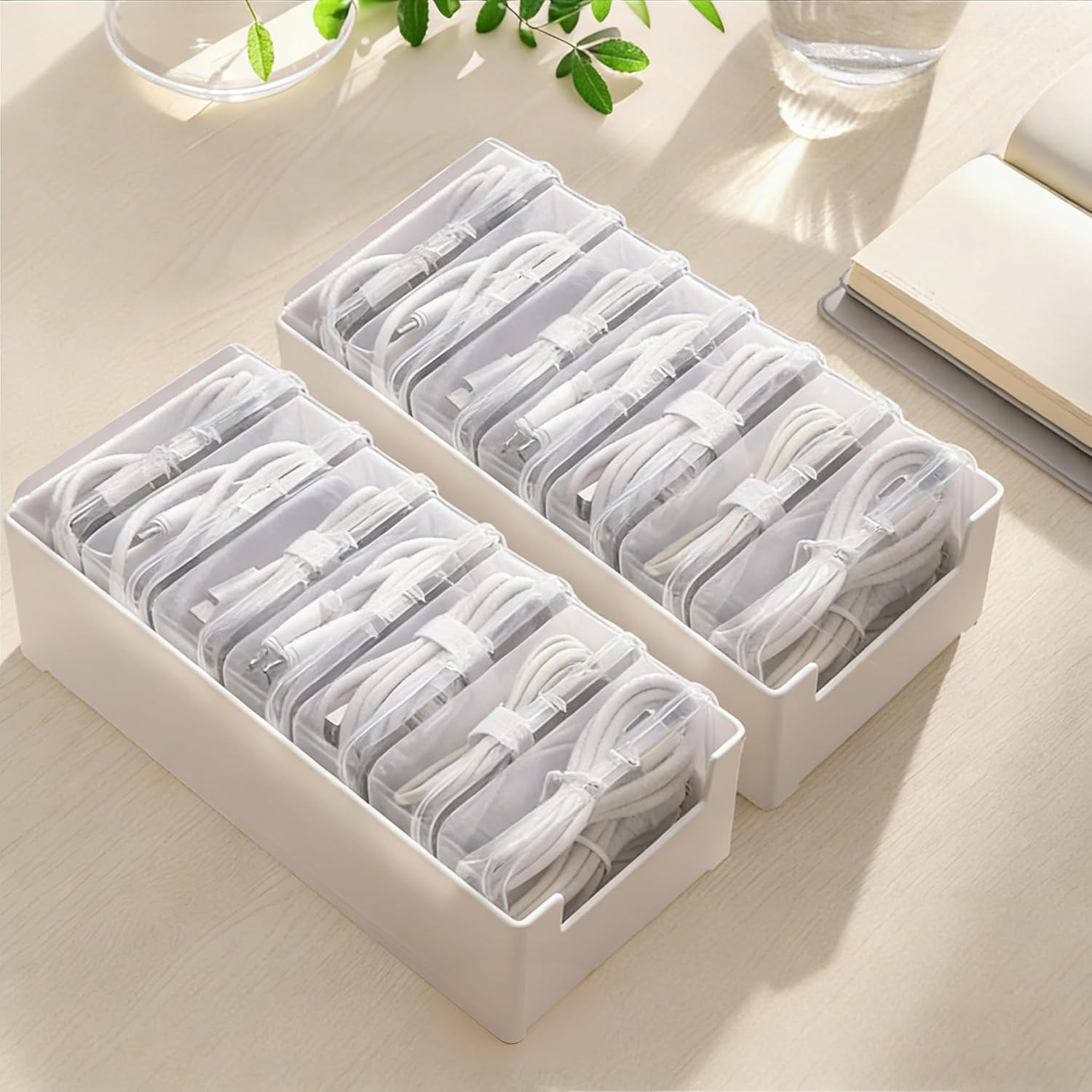 2 Pack Cable Organizer Box with Compartments Desktop Cord Storage Case