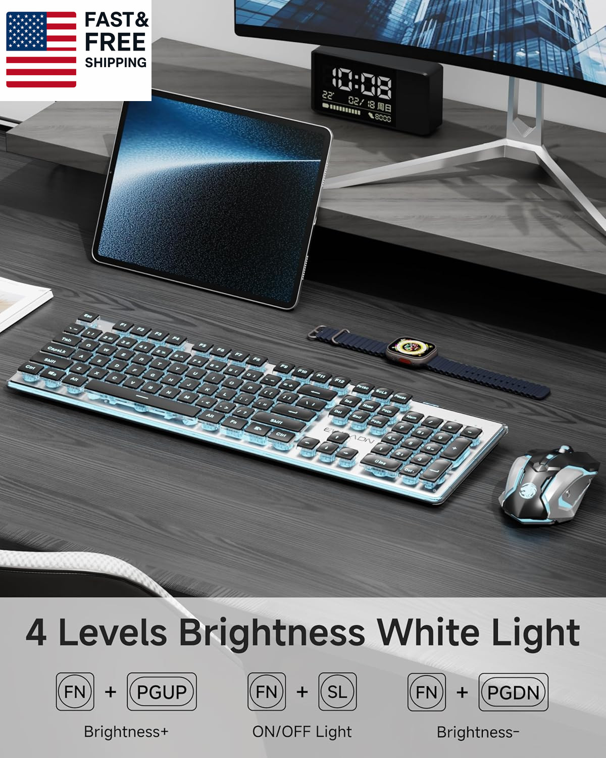 V3 Wireless Keyboard and Mouse with Blue Backlit, Metal Panel, Bluetooth/2.4G