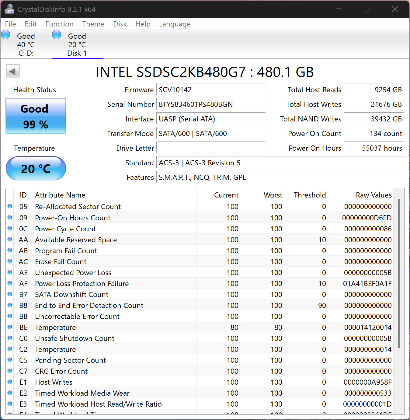 Intel SSD DC S4500 Series 480GB 2.5″ 6Gb/s SATA SSDSC2KB480G7 99% Health