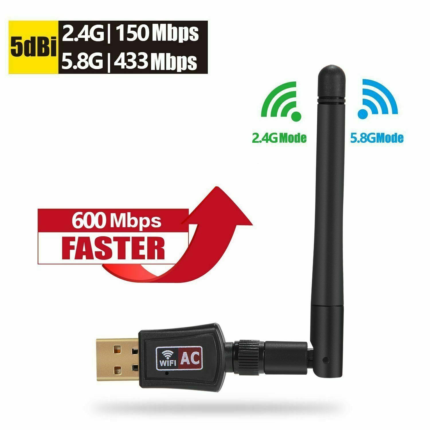 AC600 Mbps Dual Band 2.4/5Ghz Wireless USB WiFi Network Adapter w/Antenna 802.11
