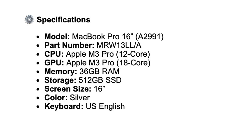 Apple MacBook Pro 16″ | M3 Pro | 36GB RAM 512GB | Silver A2991 | 100% Battery VG