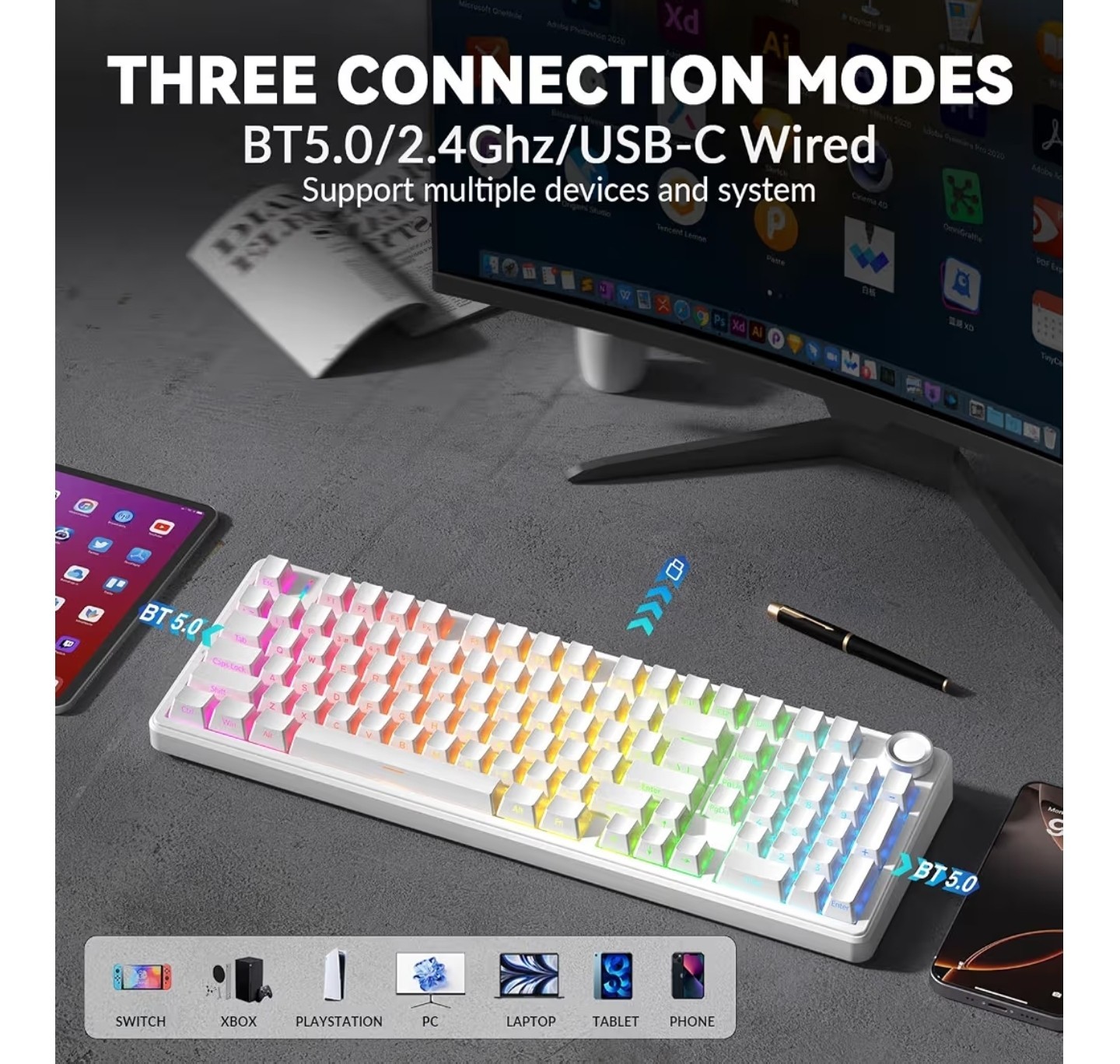 AULA F99 Pro Wireless Mechanical Keyboard Silent White RGB Hot Swappable Gaming