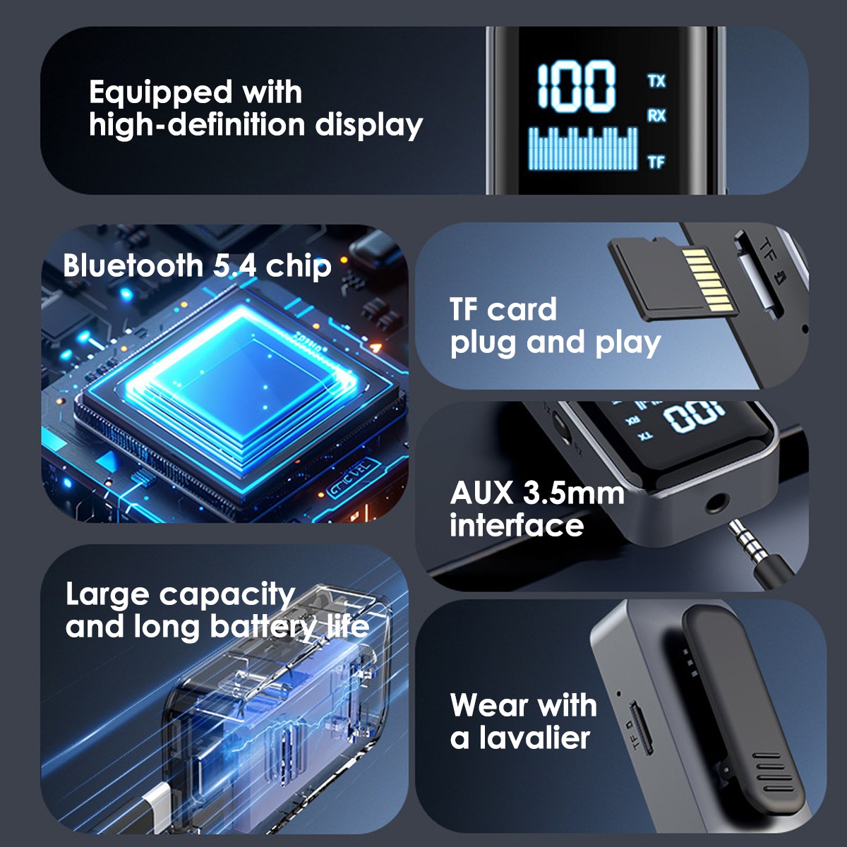 Wireless Audio Transmitter Receiver Car Home Lapel Clip Bluetooth 5.4 Adapter