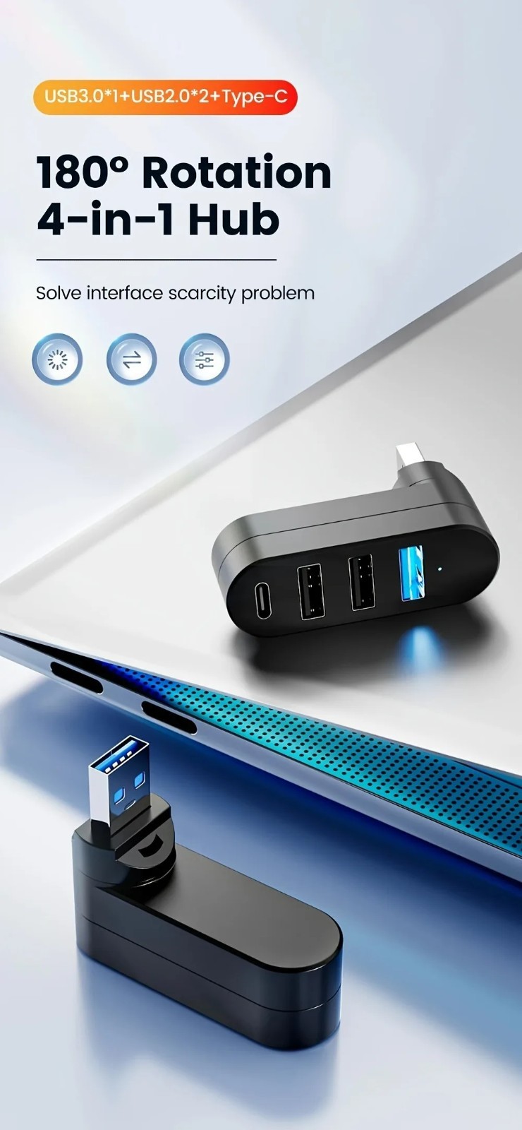 USB 3.0 Hub 3/4 port high speed Data Splitter Rotatable Adapter Pc Laptop MacBok