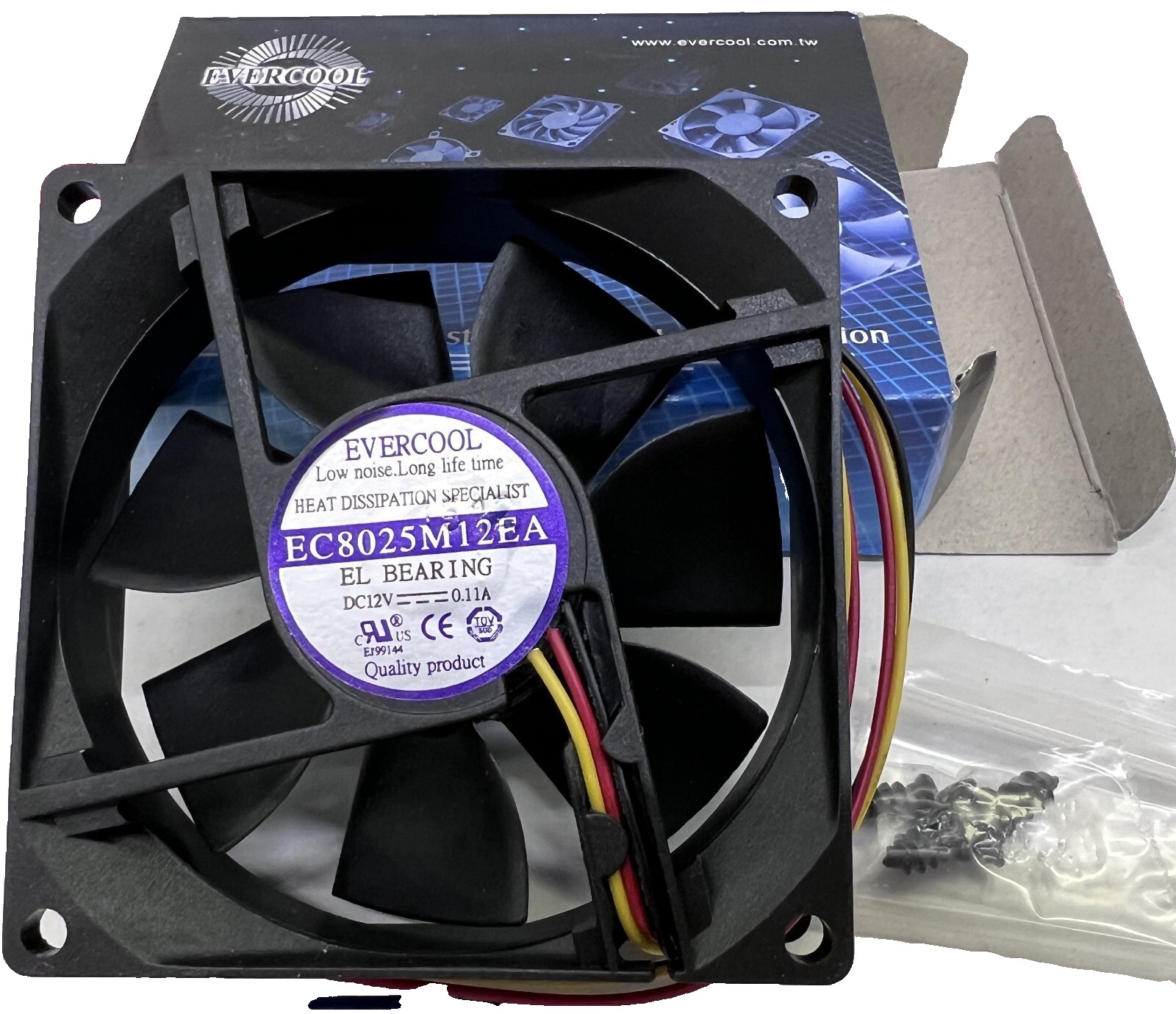 Computer Case 3-Pin Cooling Fan Evercool 80mm x 25mm 12V EC8025M12EA