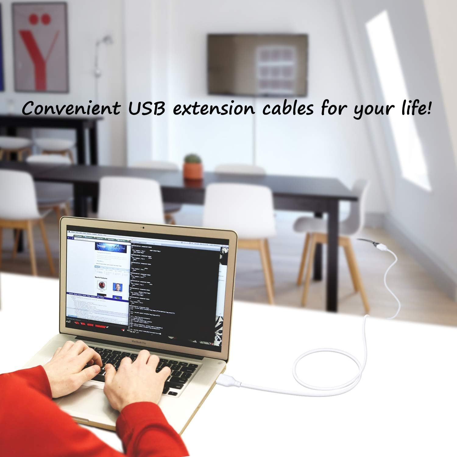USB Extension Cable White 15ft, 2 Pack USB 2.0 Extender Cable Type A Male to A F