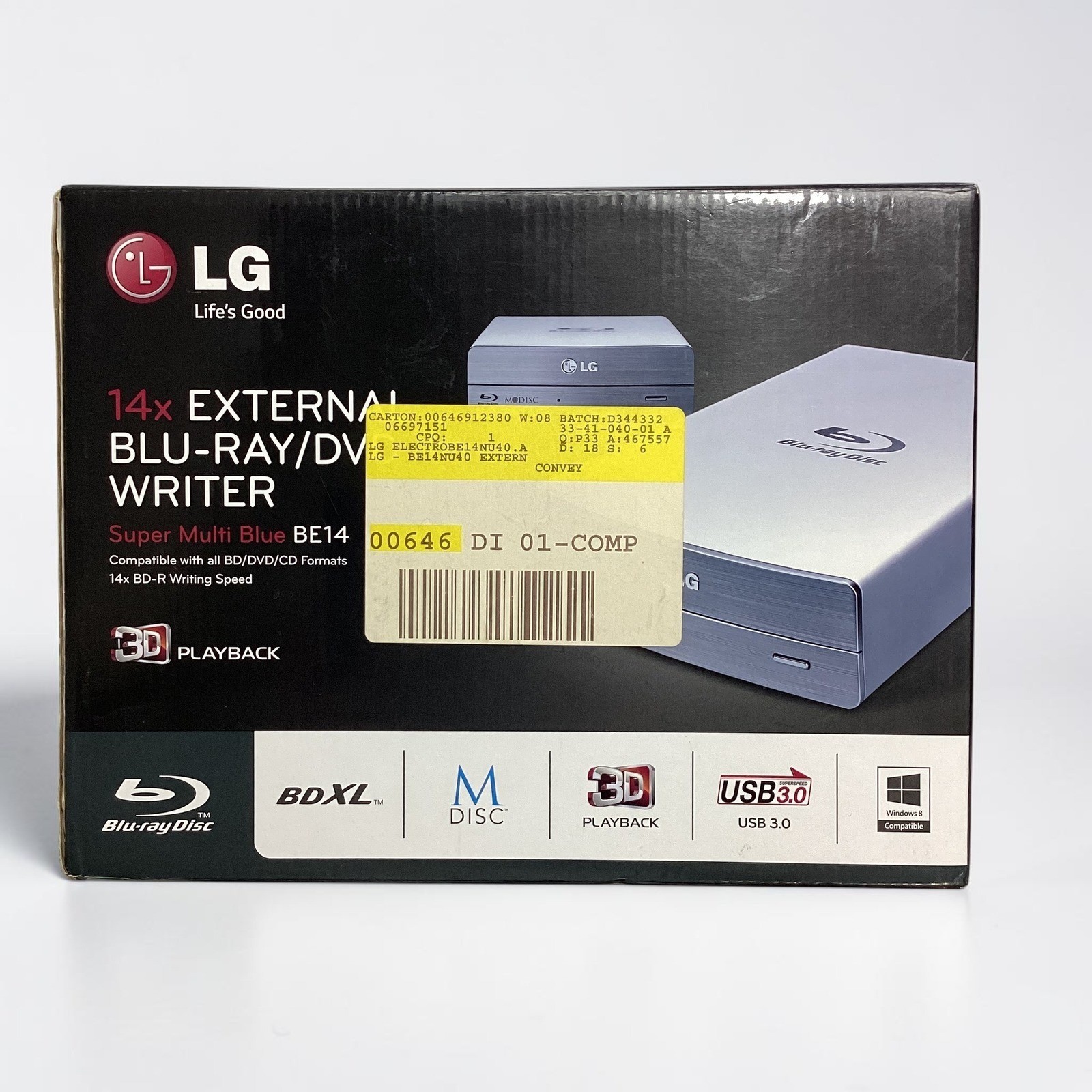 LG BE14NU40 External Blu-ray DVD Writer 14x USB 3.0 BDXL M-DISC Silver