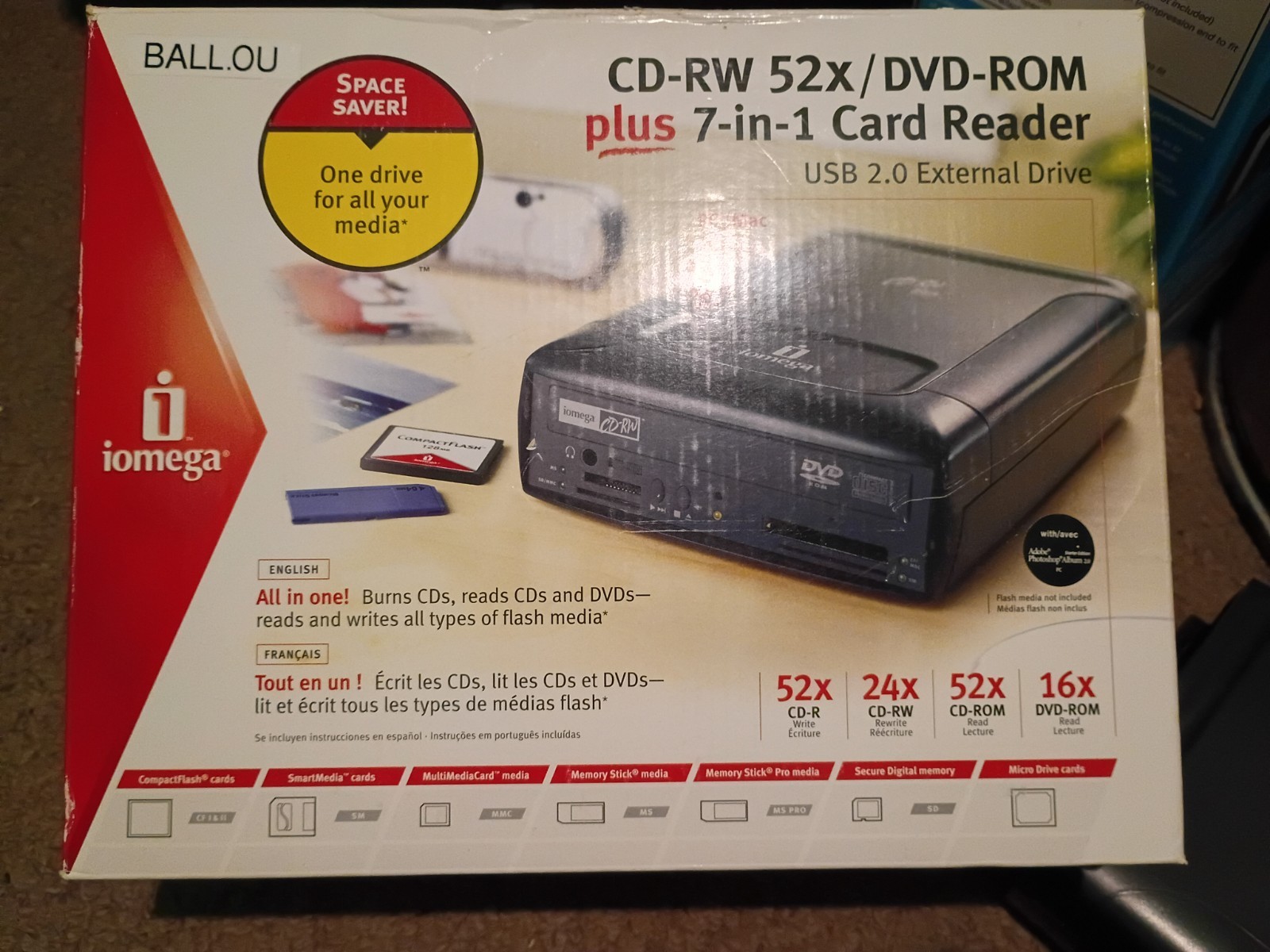 Iomega CD-RE 52x/DVD-ROM plus 7 in 1 Card Reader USB 2.0 External Drive