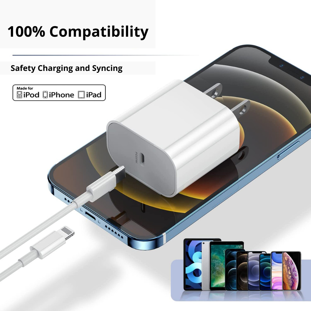 PD 20W Fast Charge Wall Charger For iPhone 14 13 12 11 XR SE X 8 USB-C Cable Lot