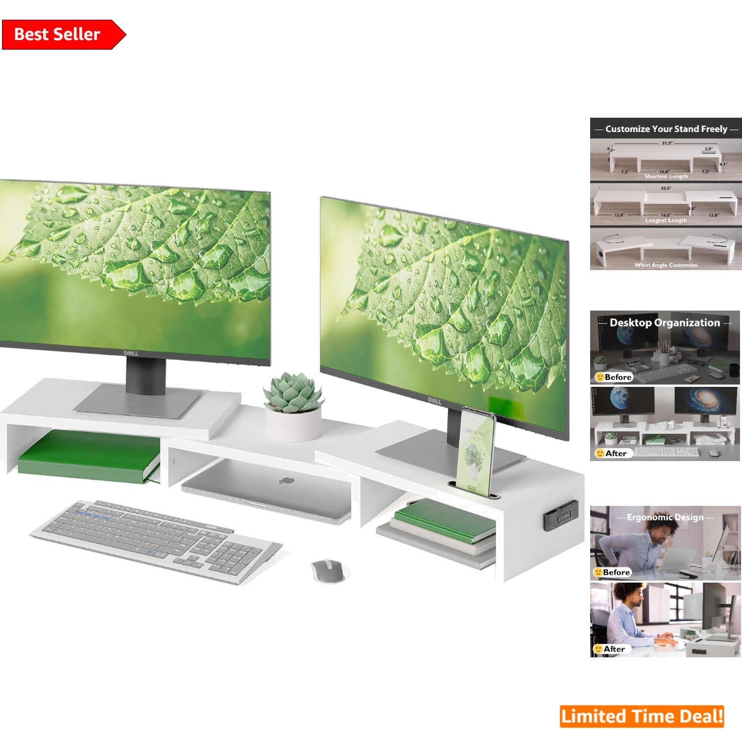 Multi-Functional Adjustable Dual Monitor Riser with Cable Management Solution