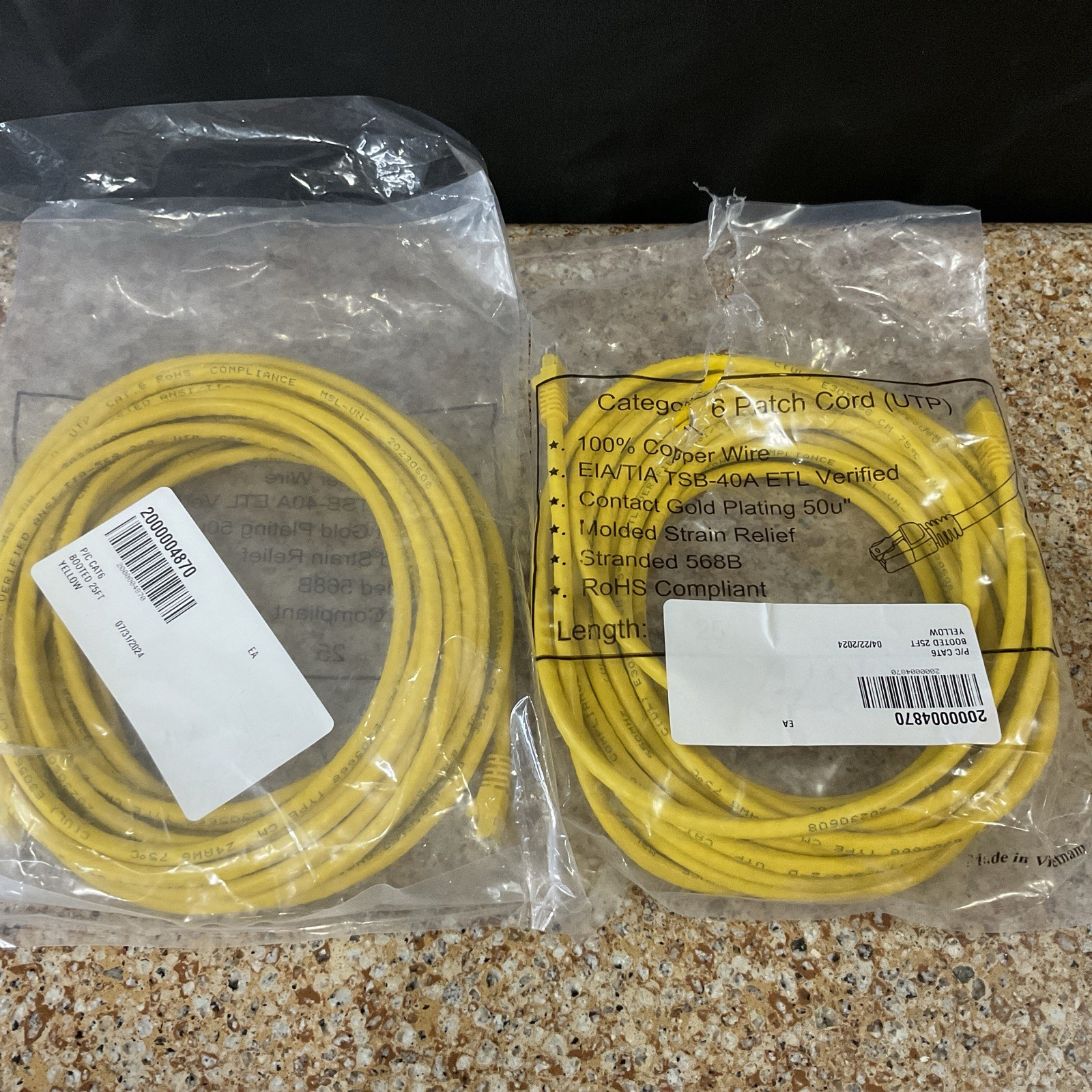 25ft Cat6 Patch Cord Booted UTP Stranded 568B 24AWG Yellow/Lot Of 2