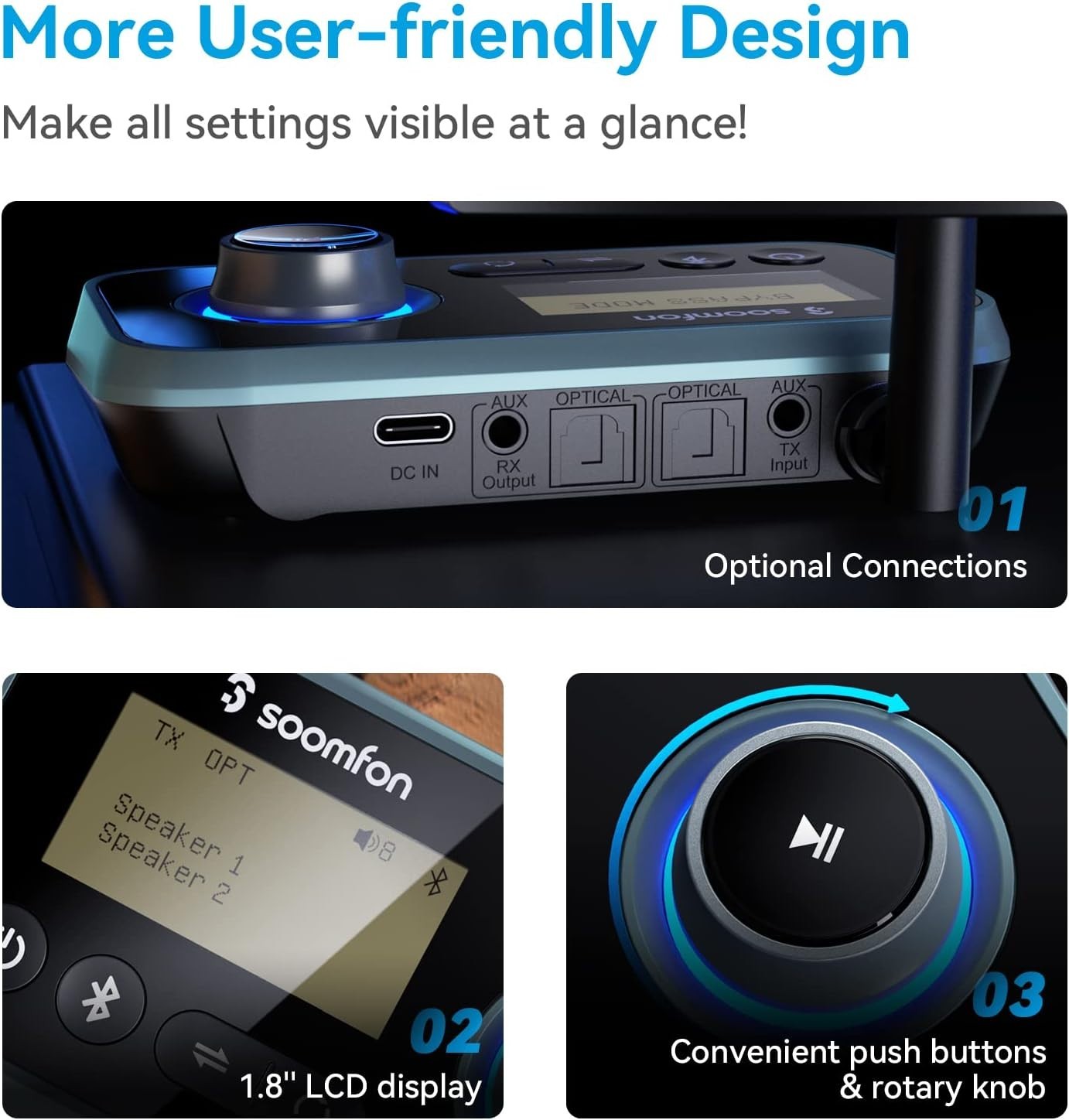 SOOMFON Bluetooth Transmitter for TV 3-in-1 Bluetooth 5.0 Transmitter Receiver