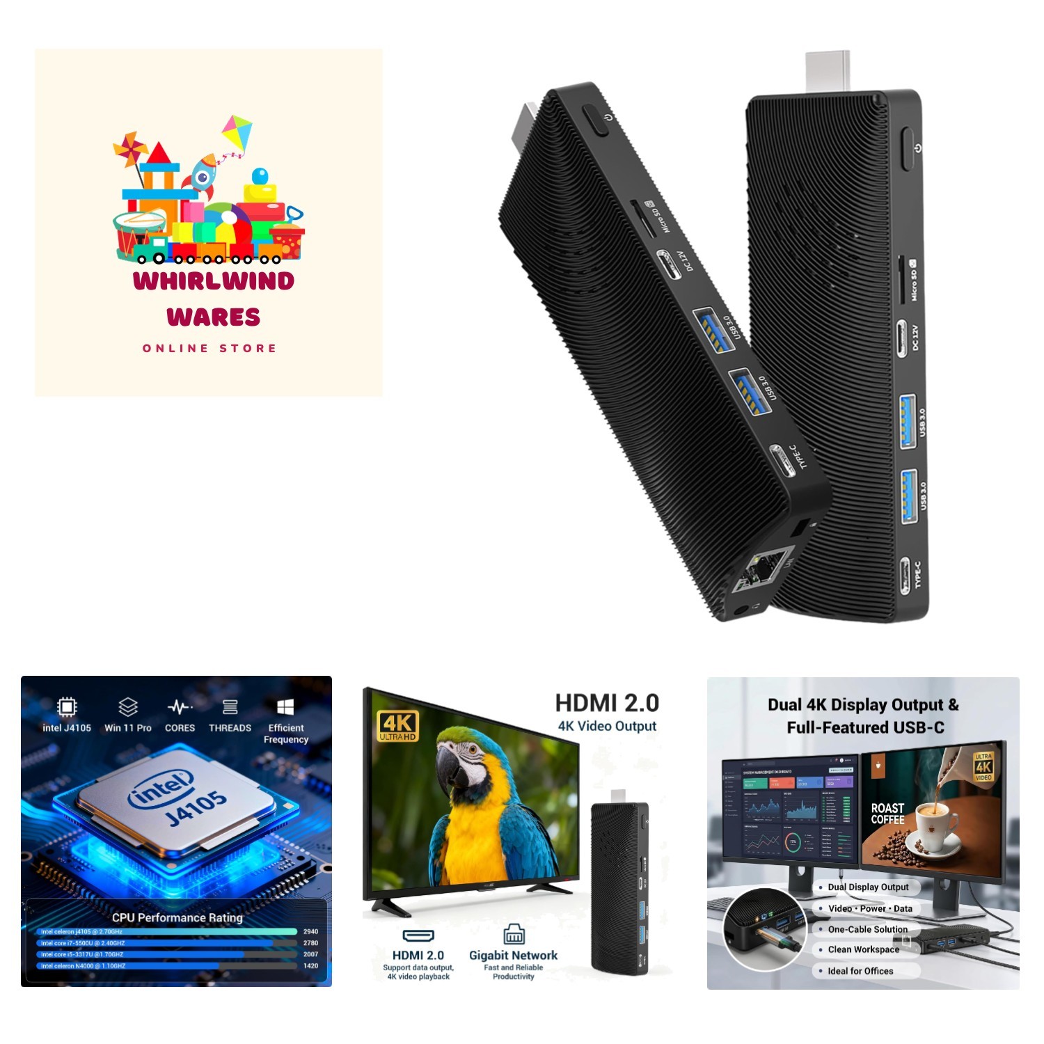 Portable 4K Mini PC Stick – Celeron J4105, Fanless Design, Ideal for Business
