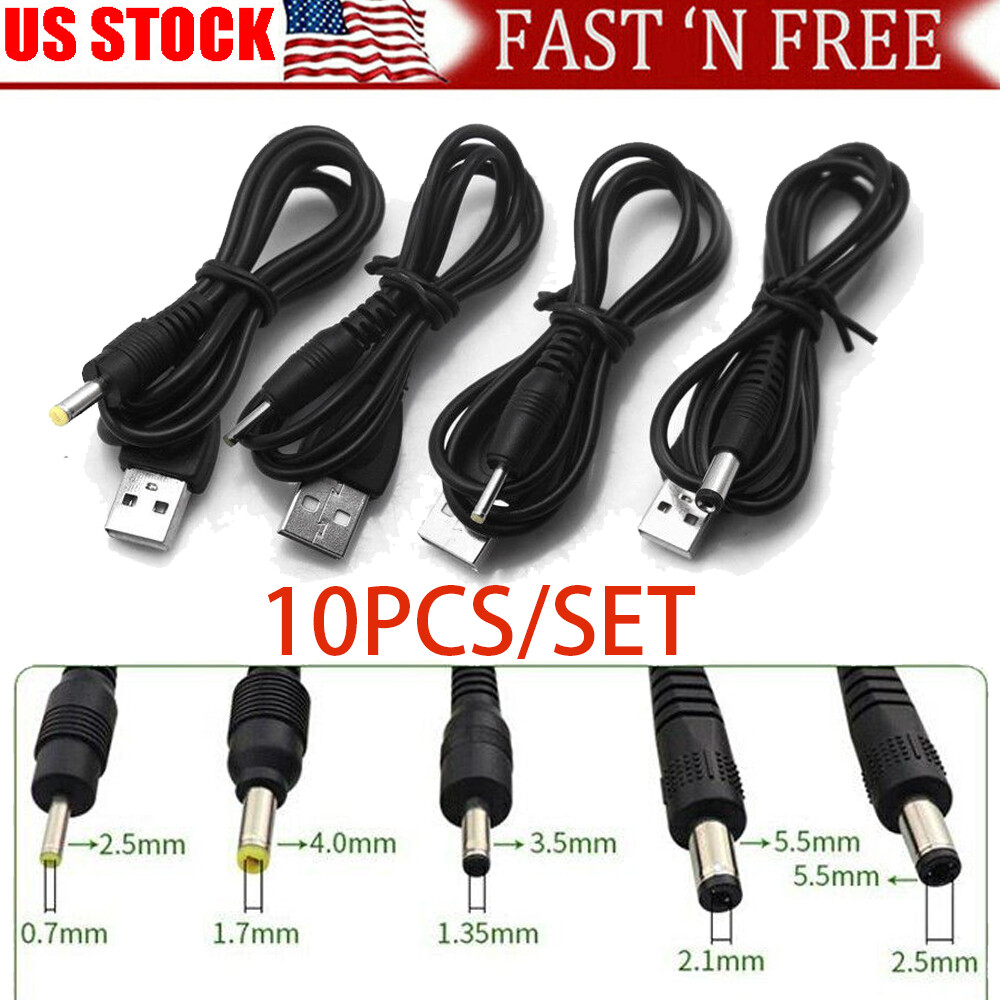 10x USB A Male to 2.0/2.5/3.5/4.0/5.5mm Connector 5v DC Charger Power Cable Cord