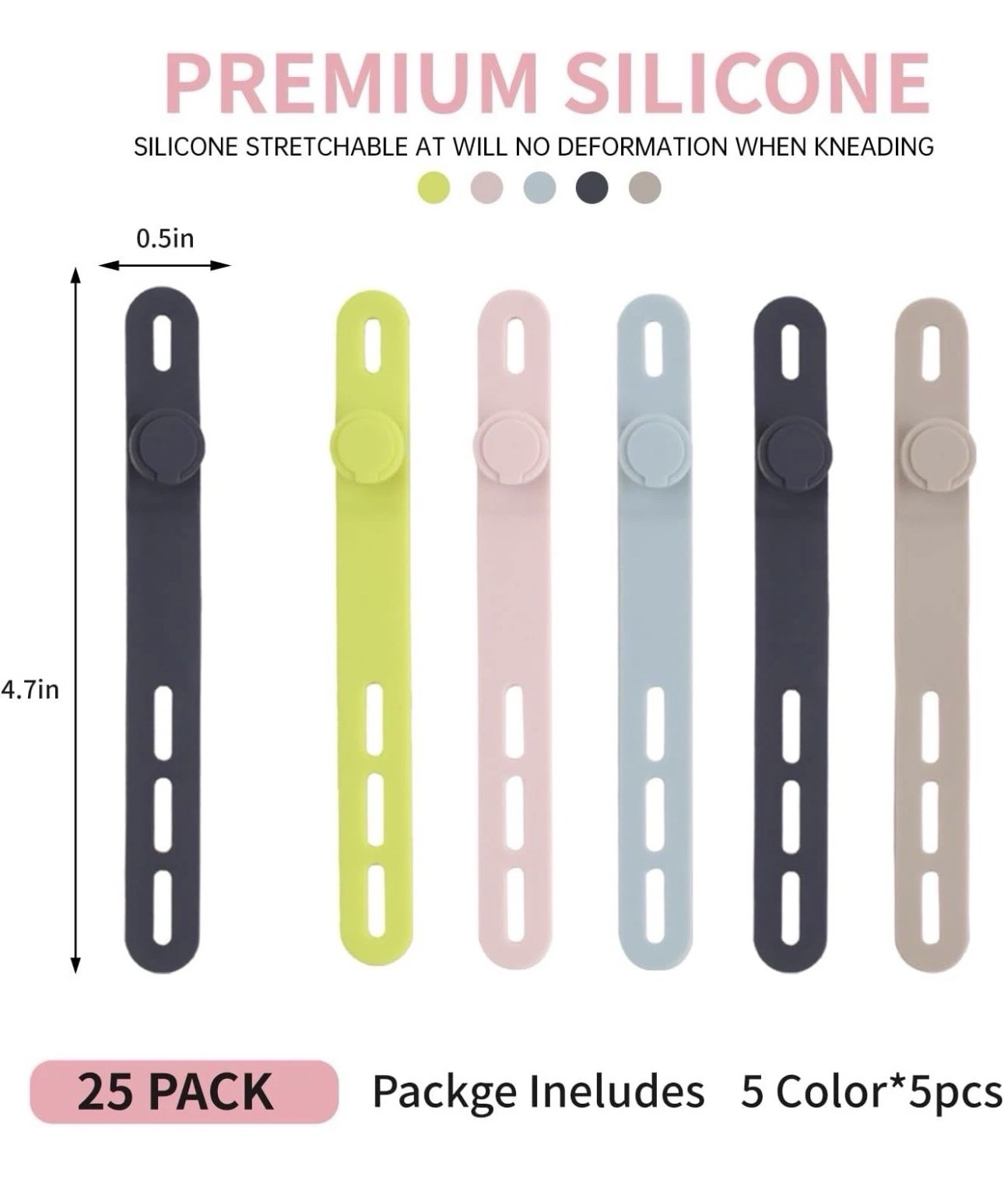 25 Pack Silicone Reusable Adjustable Cable Ties, Multicolor, 4.7 in x 0.5 in