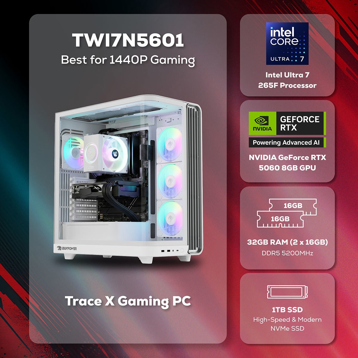 iBUYPOWER Trace TWI7N5601 Gaming Desktop Computer, Intel Core Ultra 7 265F 2.4GH