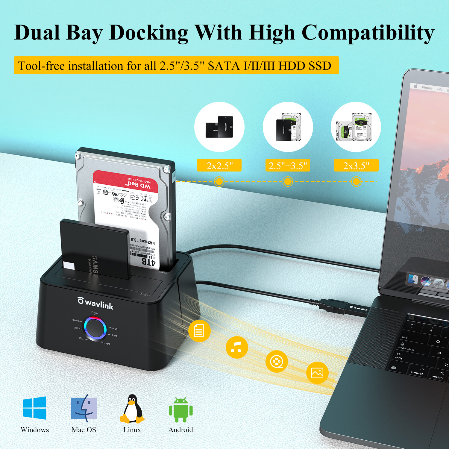 Sata Hard Drive Docking Station Reader for 2.5″3.5″ HDD SSD 2 Bay Clone 2X20tb