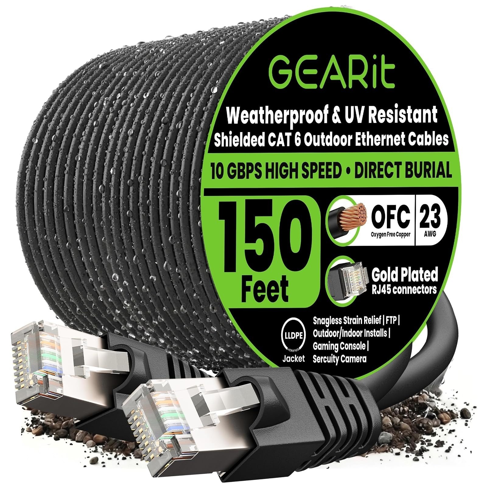 GEARit Cat6 Outdoor Ethernet Cable 100ft 23AWG Waterproof UV Resistant
