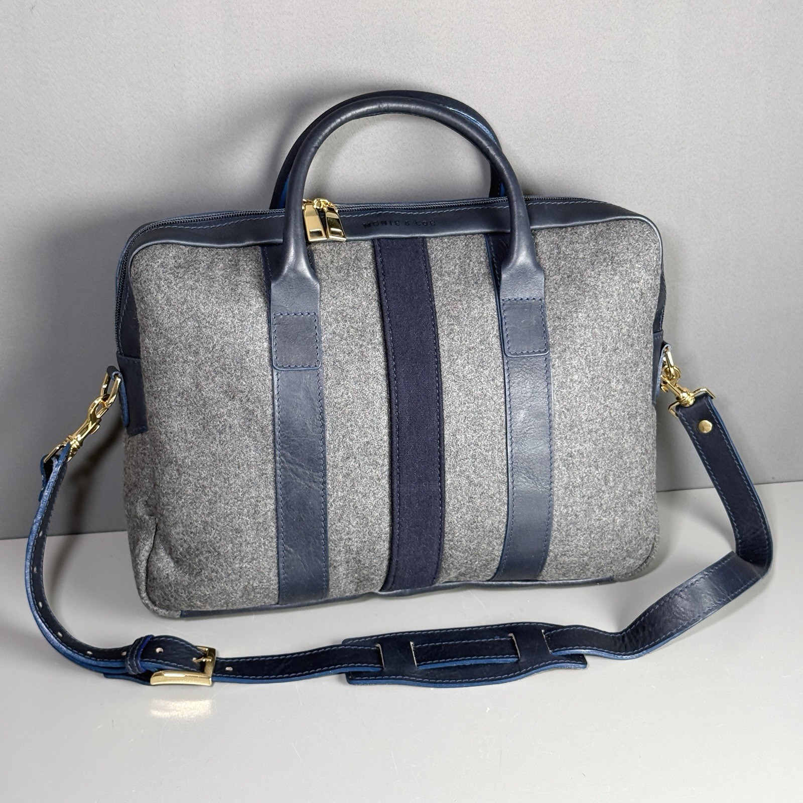 Monte & Coe Handcrafted Wool Leather Laptop Briefcase Gray Navy Canada