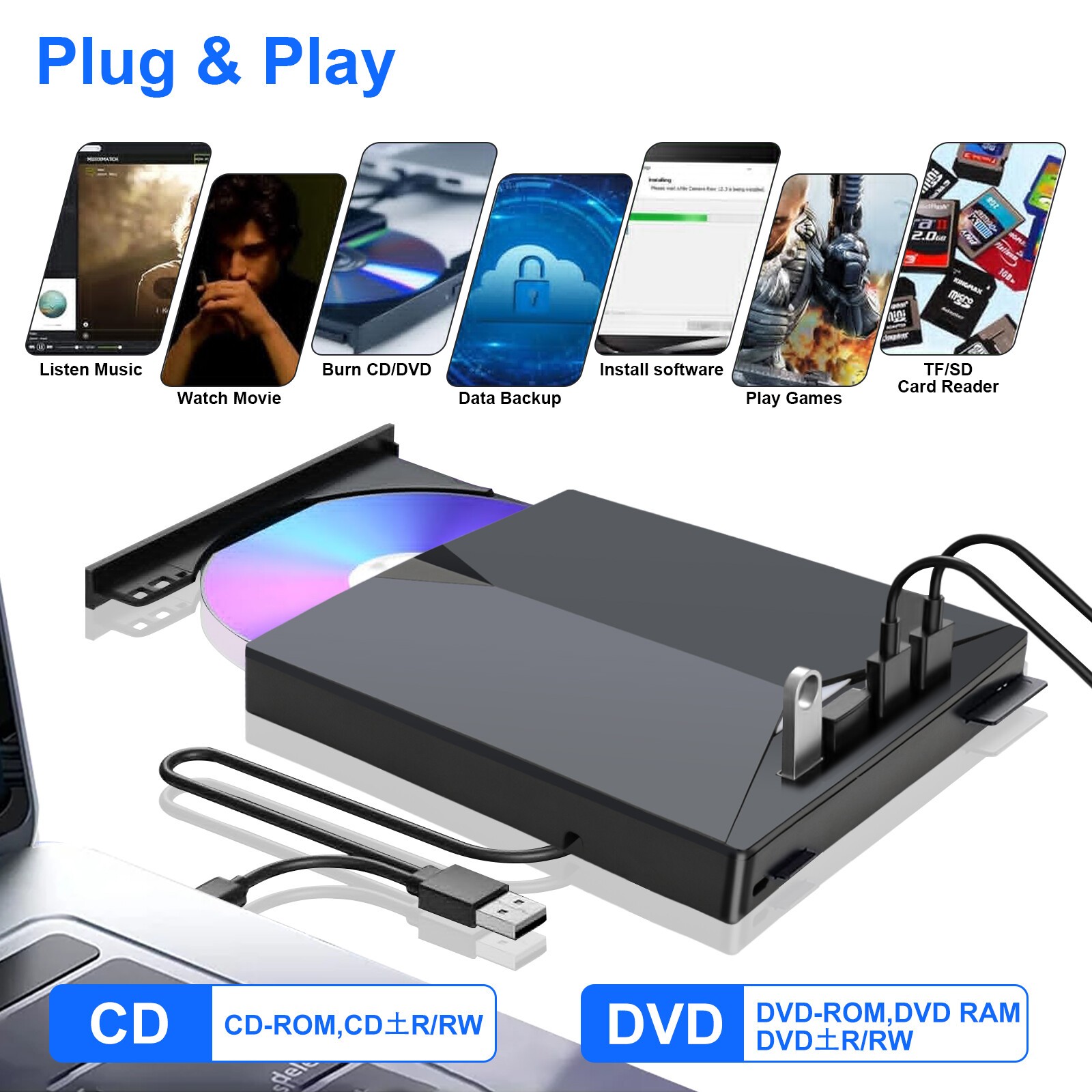 FOR PC Laptop Windows 11 10 External CD DVD Drive USB 3.0 Writer Burner Player