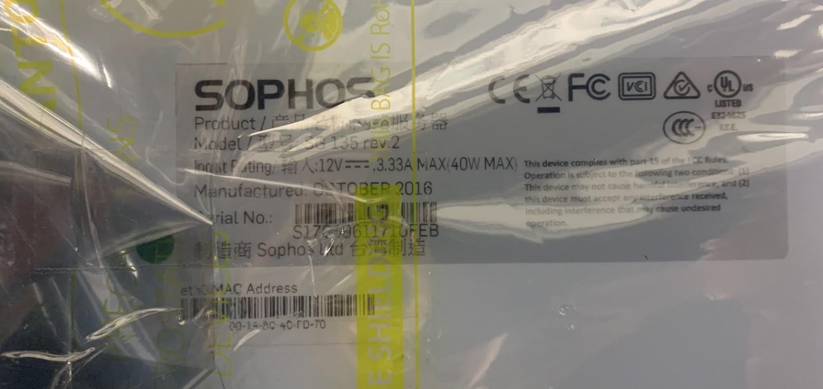 Sophos SG-135 Rev 2 UTM Firewall Security Appliance 8-Port – Power Adapter