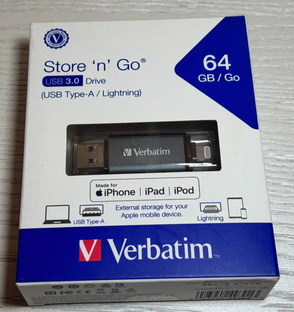 New Verbatim iStore ‘n’ Go Dual 64GB USB 3.0 Flash Drive (USB Type-A/Lightning)
