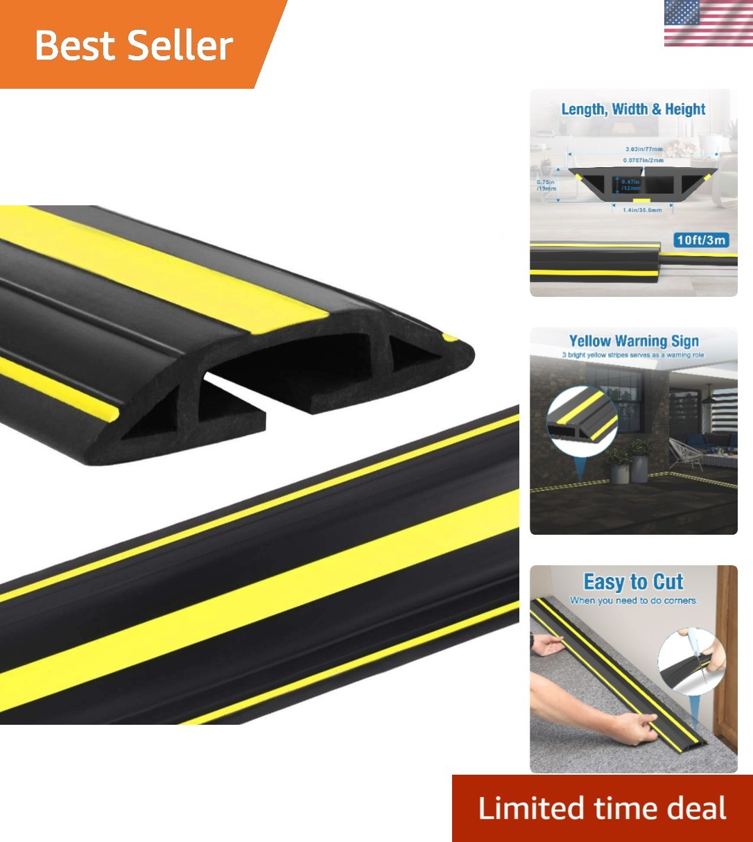 Yellow & Black 10 ft Floor Cable Cover – Trip Hazard Protection for Workspaces