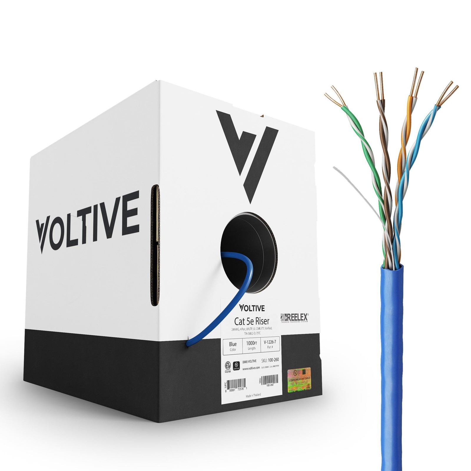 Voltive Cat5e Riser (CMR), 1000ft, Blue – Solid Bare Copper Bulk Ethernet Cable