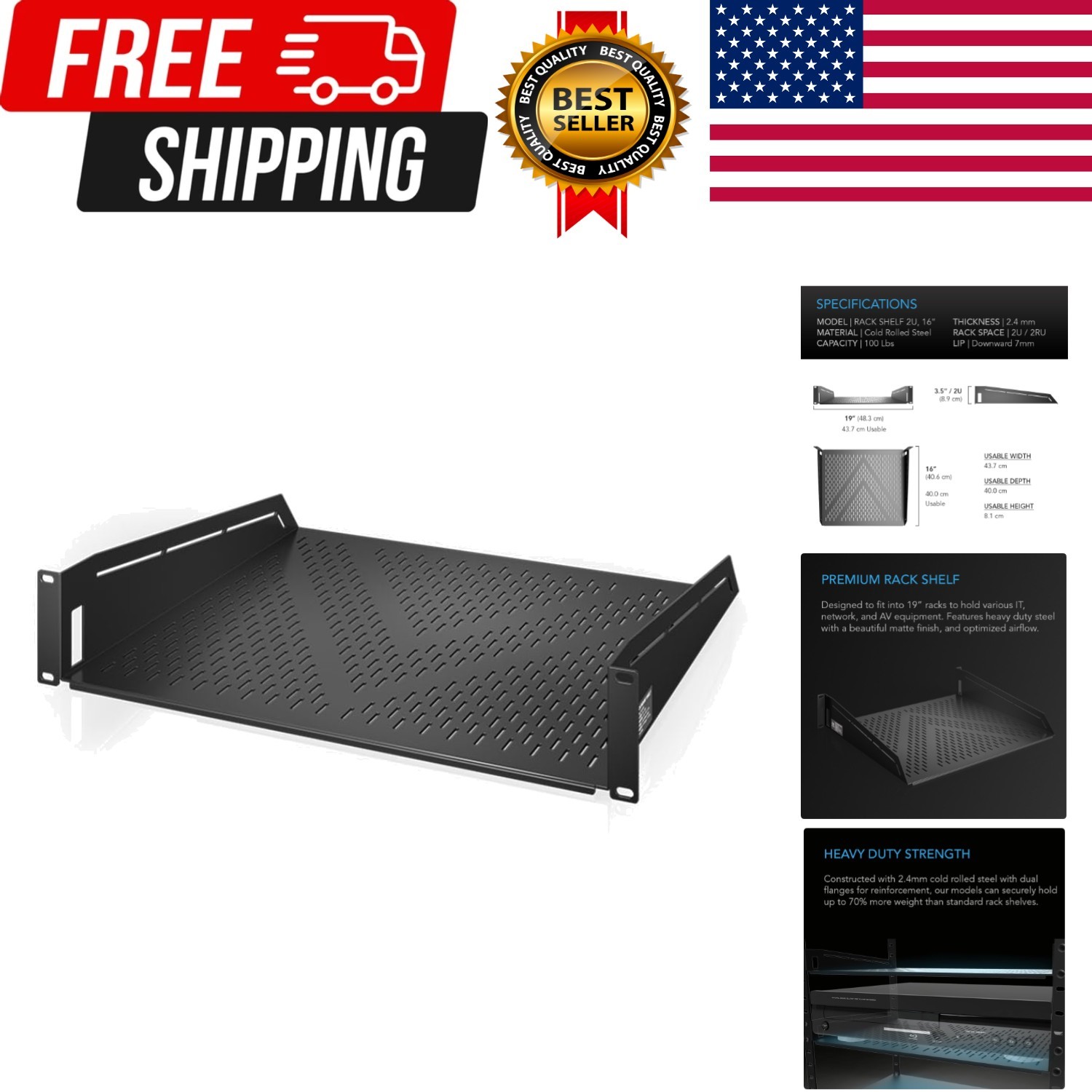 Vented Cantilever 2U Universal Rack Shelf, 40cm Deep | Designed for 19” Equip…