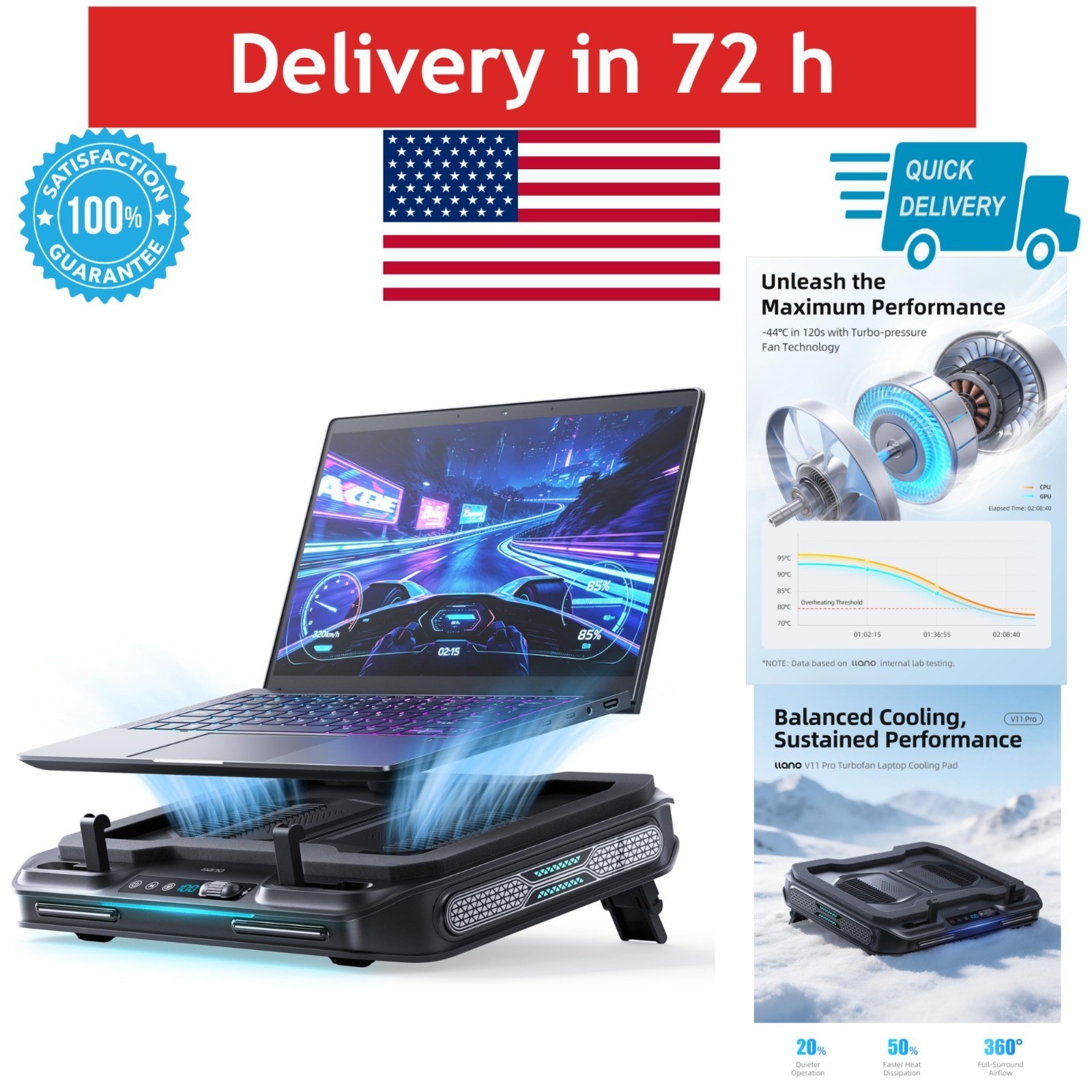llano V11 Pro Laptop Cooling Pad with RGB Lighting & USB Hub