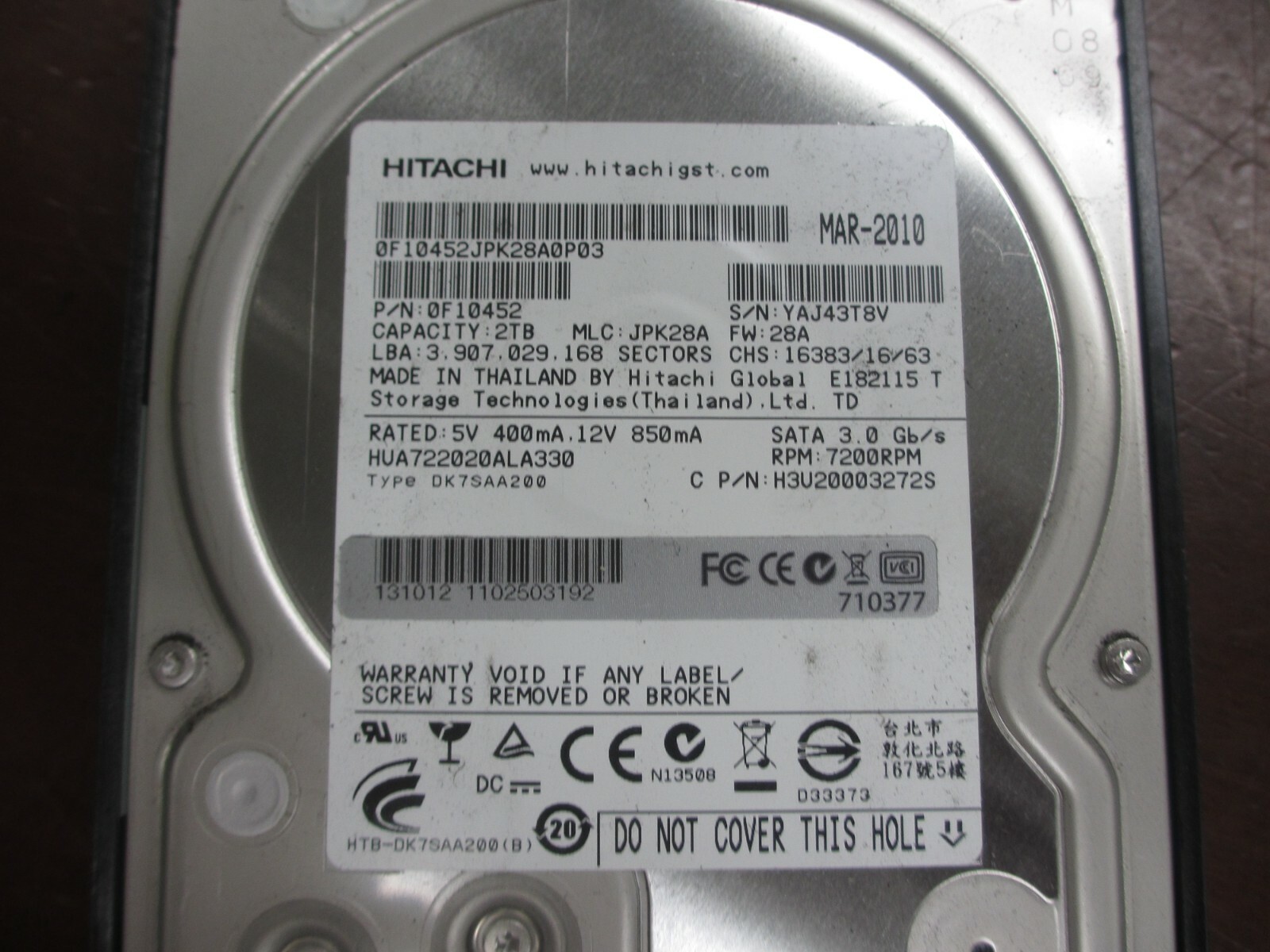 Lot of 2 Hitachi 0F10452 2TB 7200 RPM 3.0Gb/s SATA Hard Disk Drive