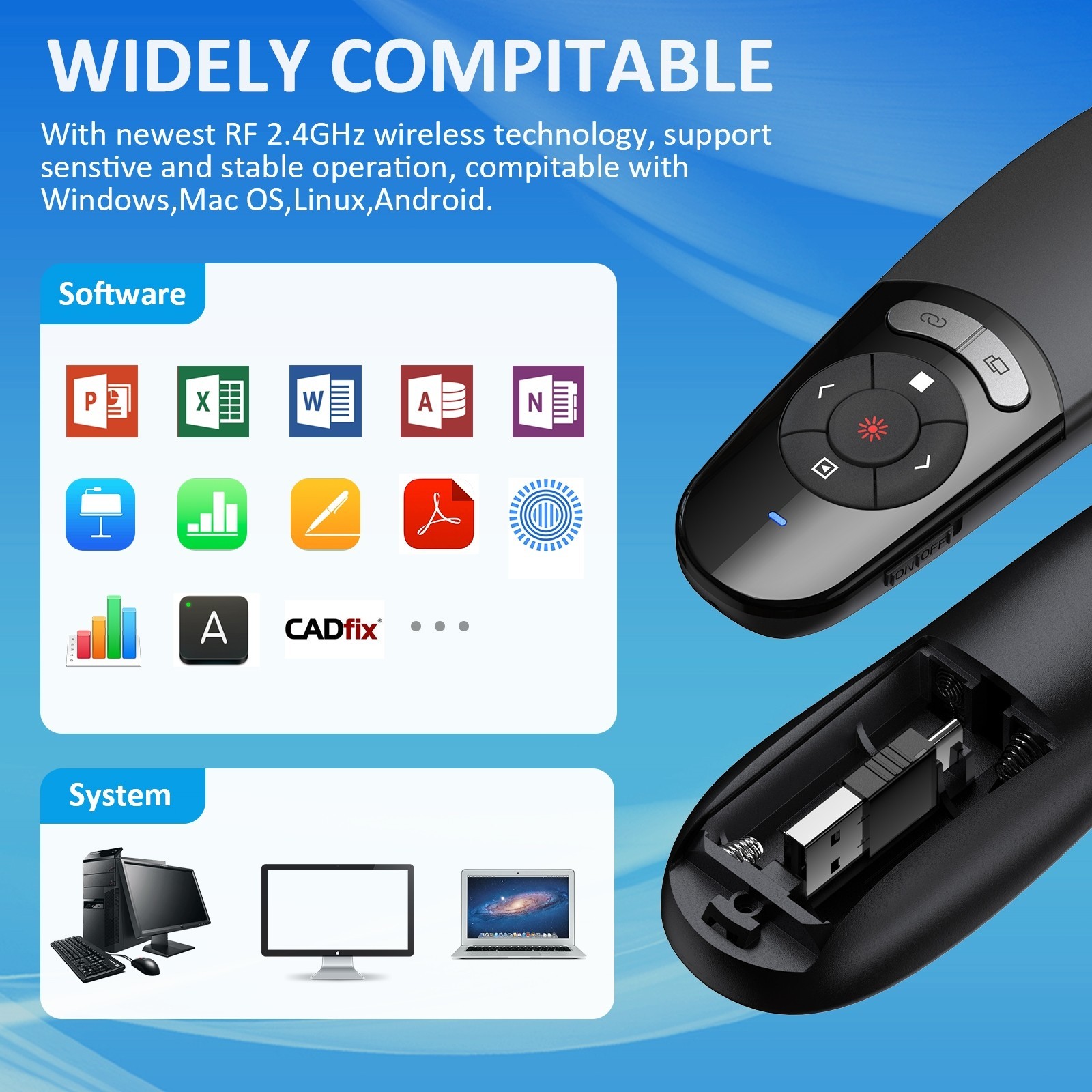 2.4GHz USB Wireless Presenter PPT Remote Laser Pointer For Laptop Mac,Computer