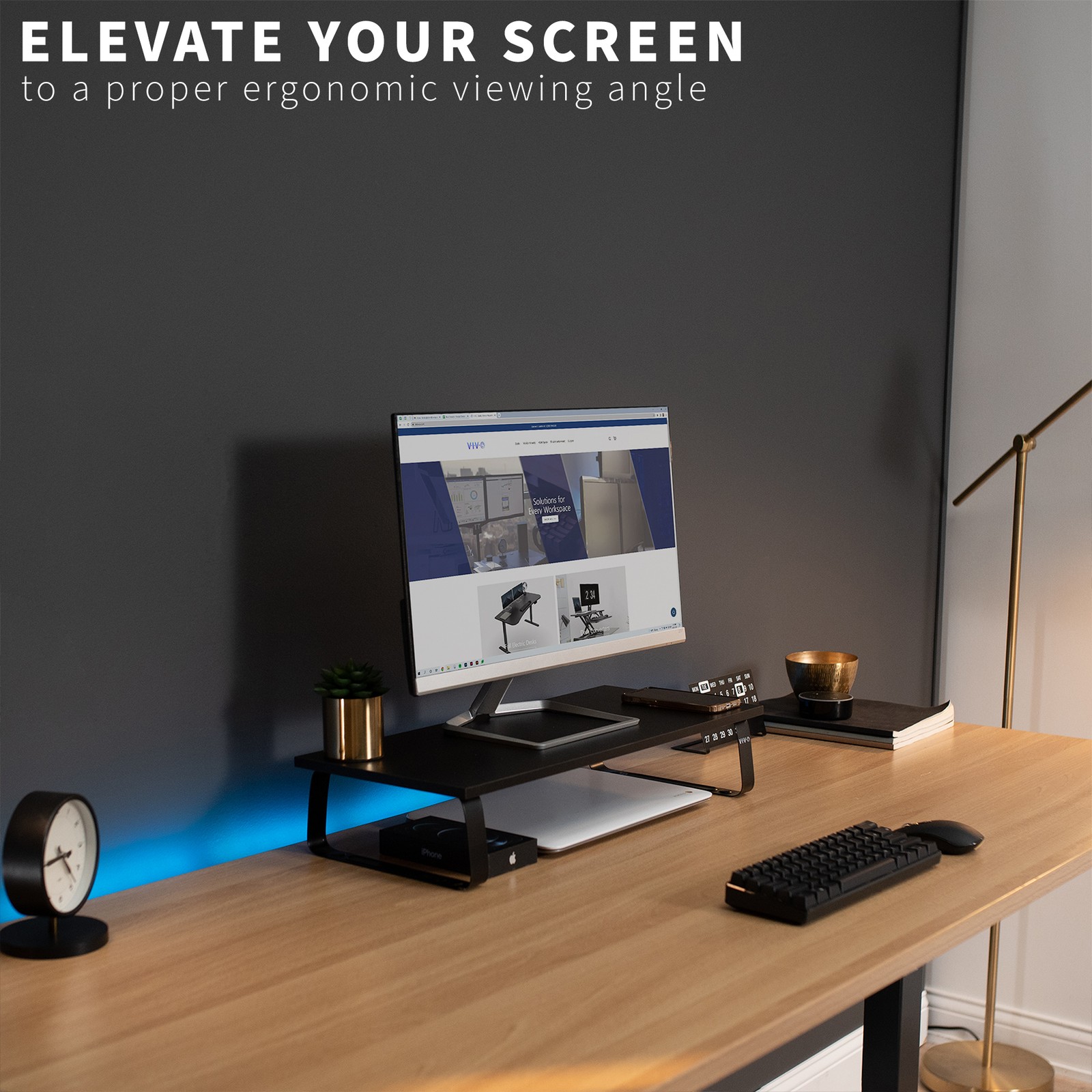 VIVO Black Wood 24″ Wide Desktop Stand Ergonomic TV Monitor Riser Desk Organizer