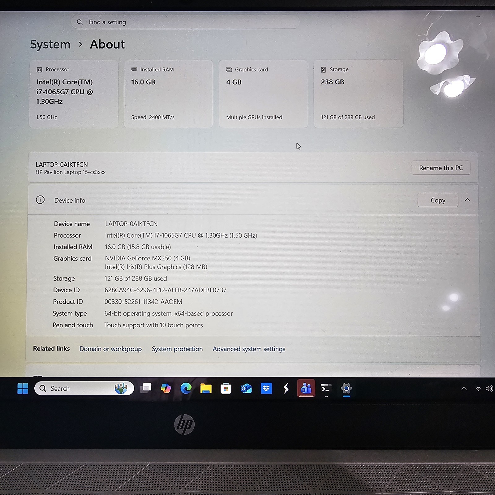 HP Pavilion 15 15.6″ Touchscreen i7-1065G7 16GB 256GB SSD MX250 No Battery