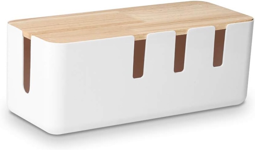 Elegant Wooden Cable Management Box, 12x5x4.5 In, Stylish Organizer for Cords