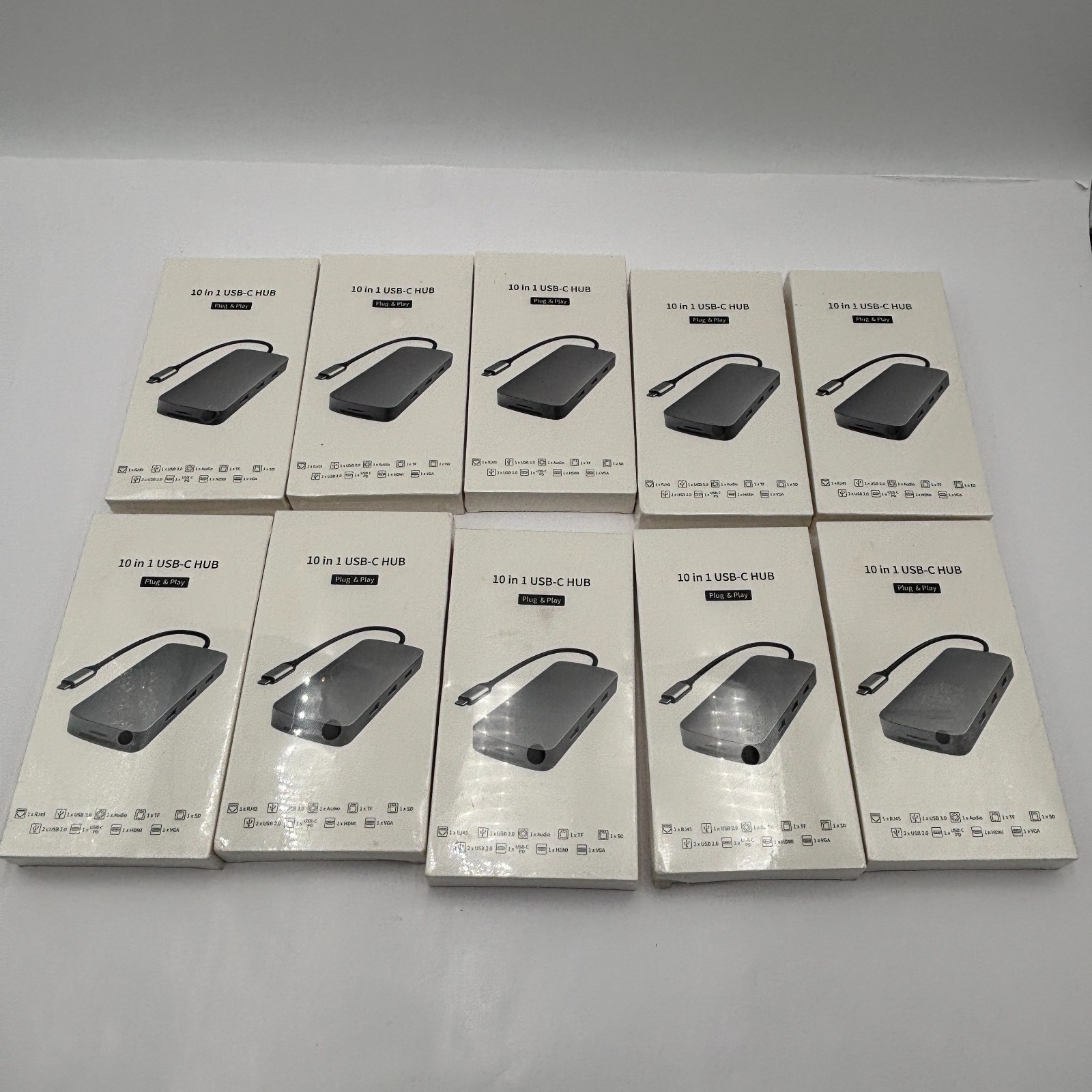 Lot of 10 Plug and Play 10-in-1 – USB-C Hub – Gray – New Sealed – Ships Free