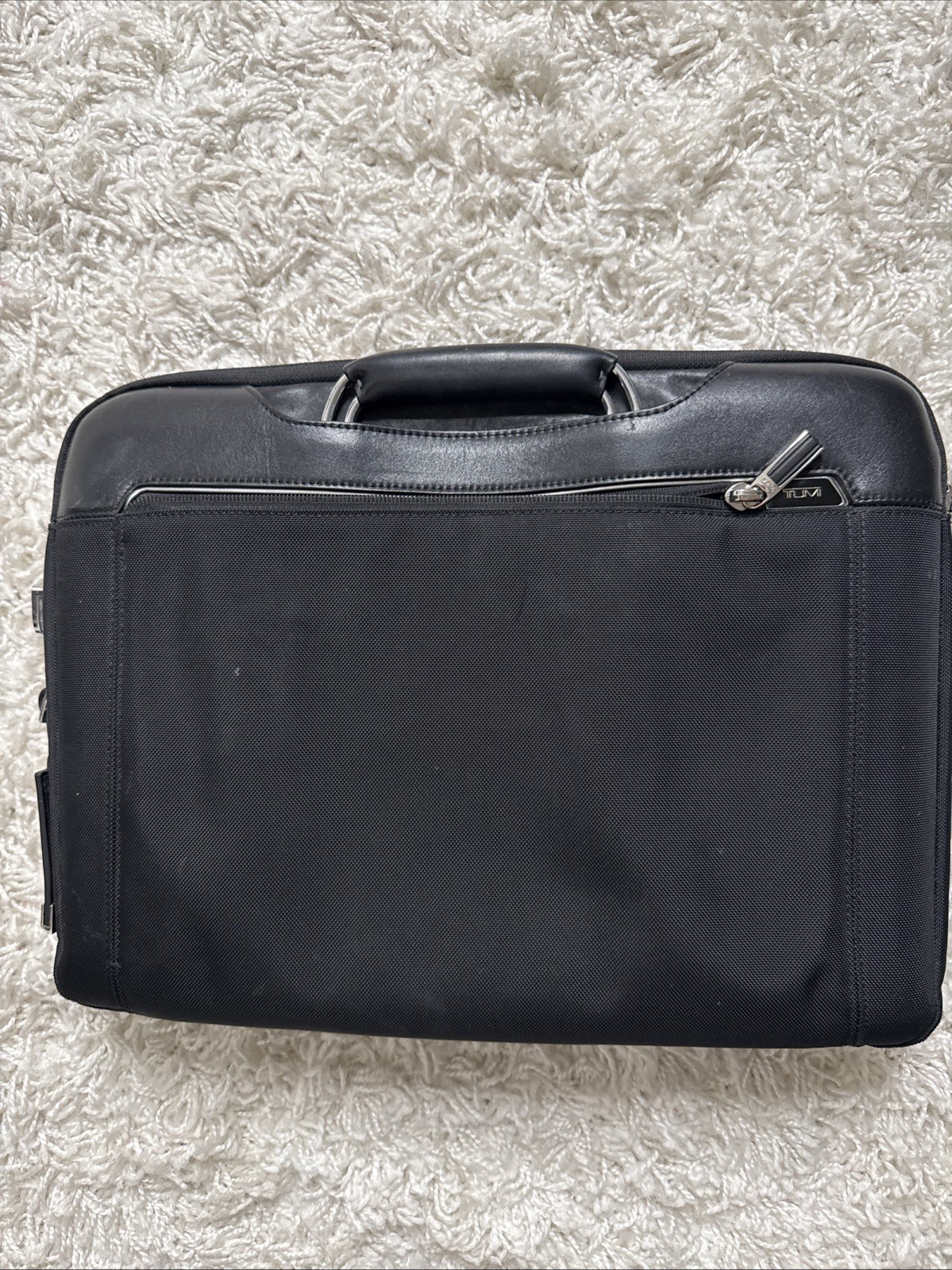 TUMI Vintage Leather Fabric Breif Case Black Several Pockets Double Handles