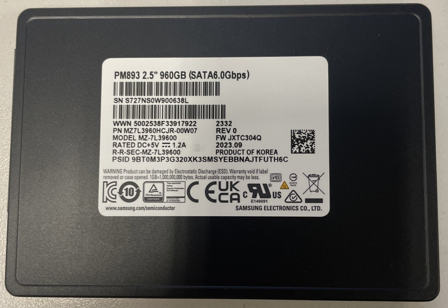 Samsung PM893 960GB 2.5″ SATA III Enterprise SSD MZ-7L39600 97%+ Health